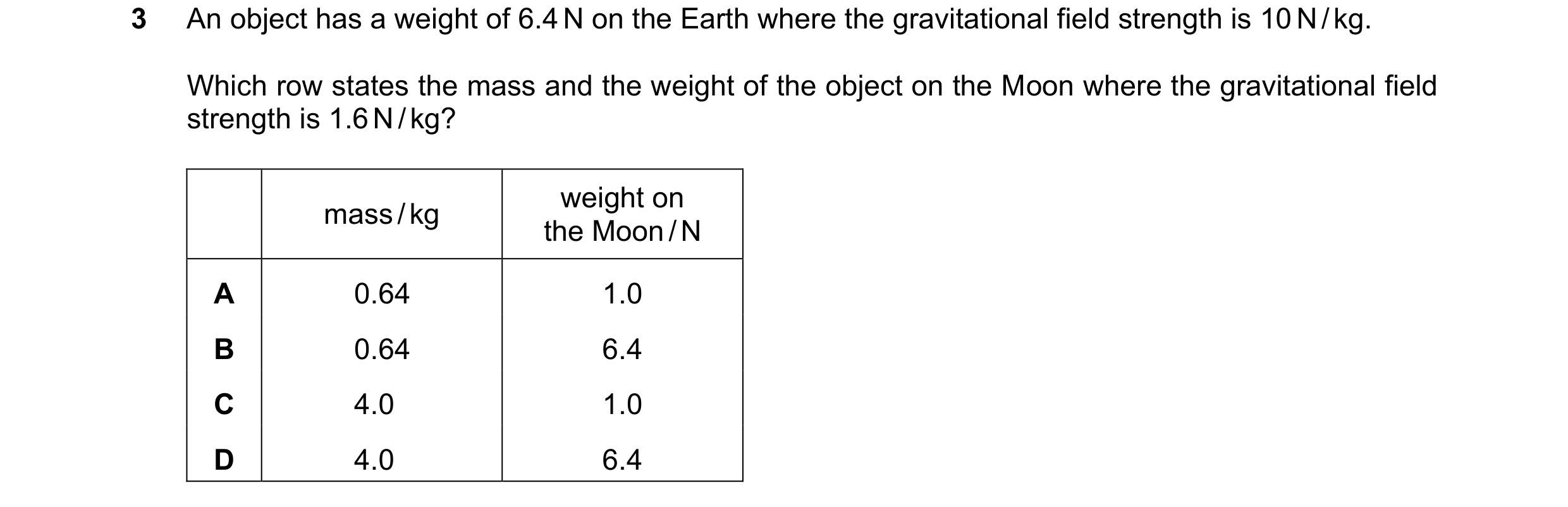 Question 60: An object has a weight of 6.4 N on the Earth where the gravitational field strength is 10 N / kg. Which row states the mass and the weight …