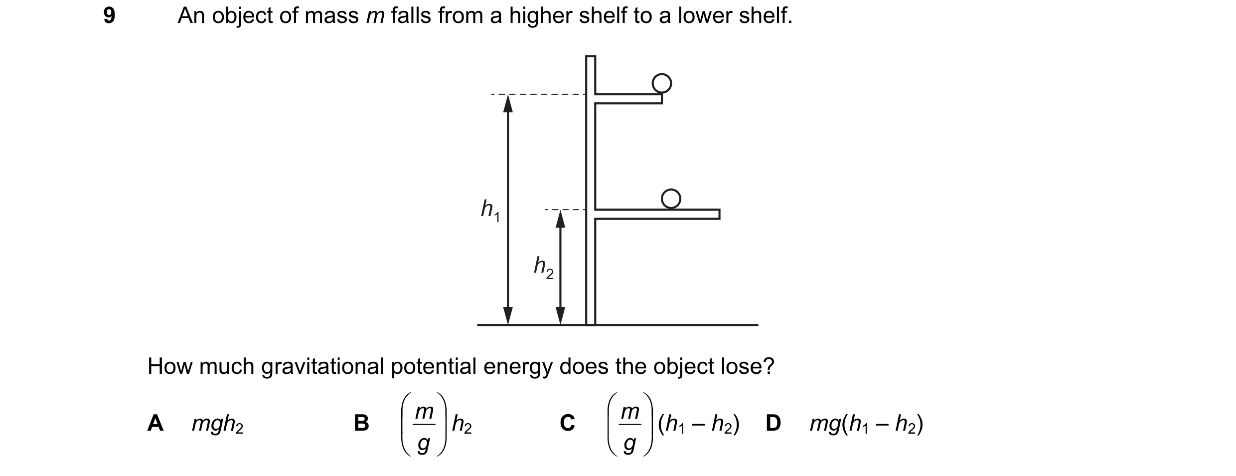 Question 25: An object of mass m falls from a higher shelf to a lower shelf. h1 h2 How much gravitational potential energy does the object lose? m h2 …