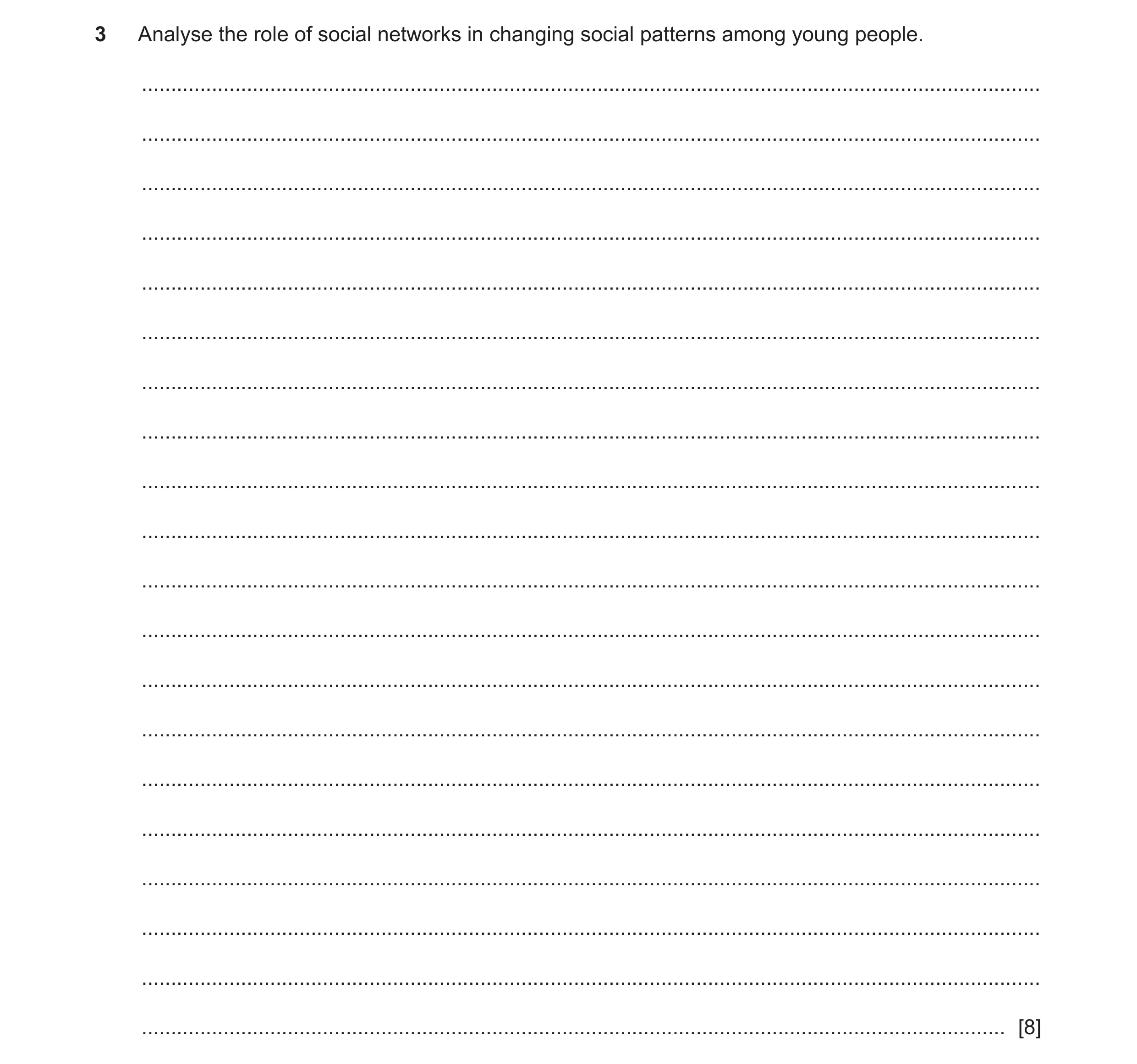 Question 3: Analyse the role of social networks in changing social patterns among young people. .......................................................…