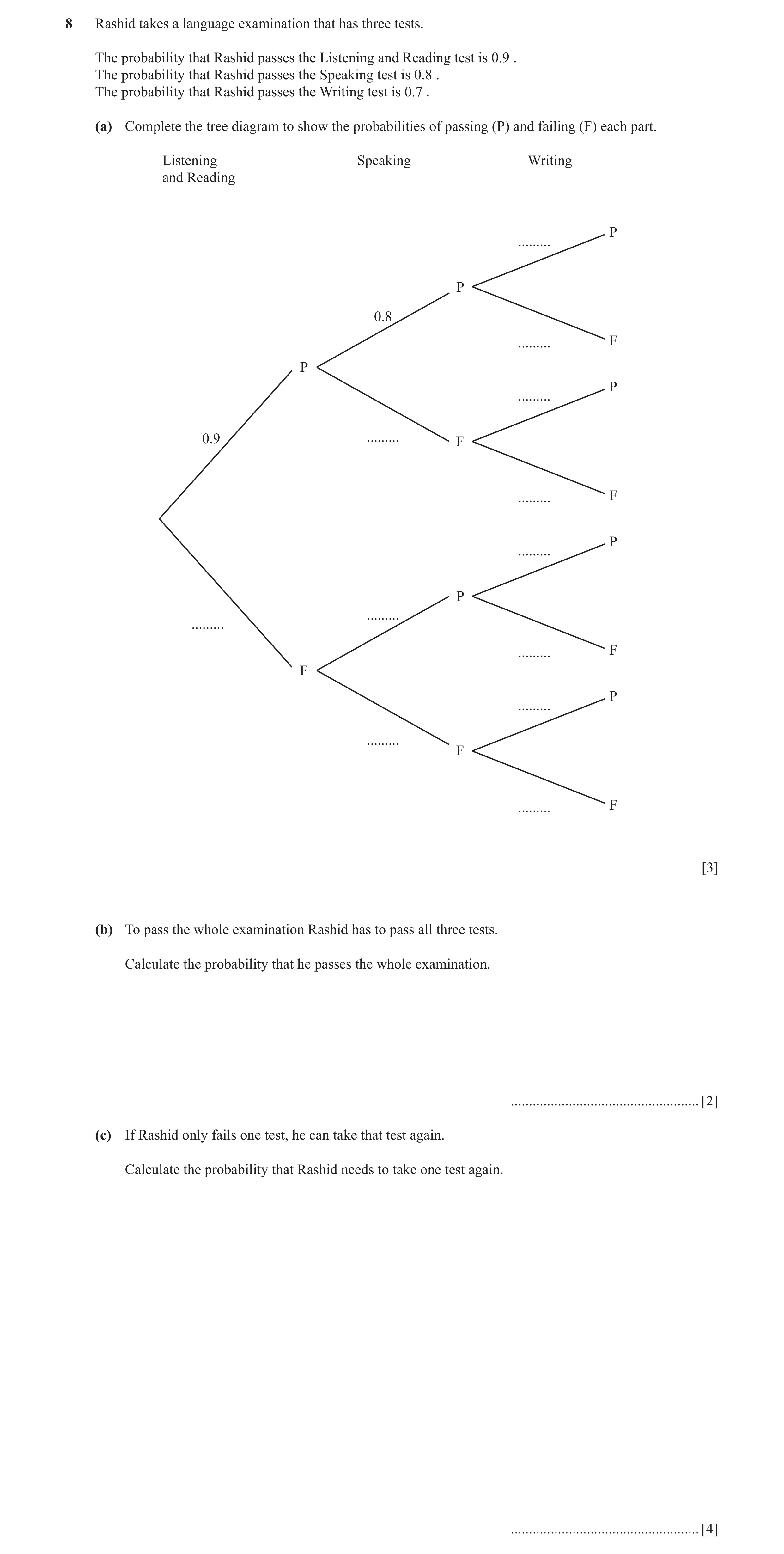 Question 7: Rashid takes a language examination that has three tests. The probability that Rashid passes the Listening and Reading test is 0.9 . The pr…