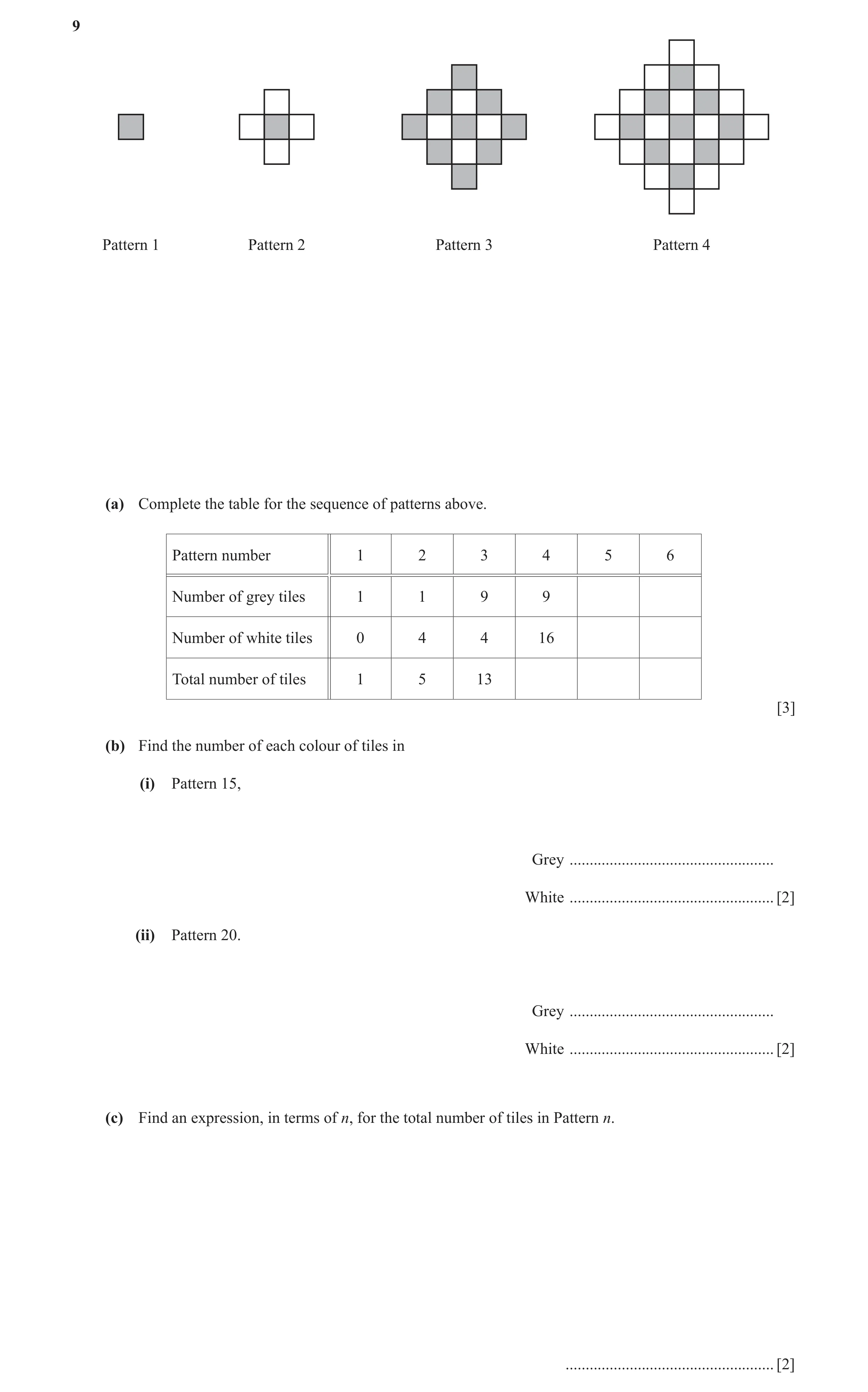 Question 4: Pattern 1 Pattern 2 Pattern 3 Pattern 4 (a) Complete the table for the sequence of patterns above. Pattern number 1 2 3 4 5 6 Number of gre…