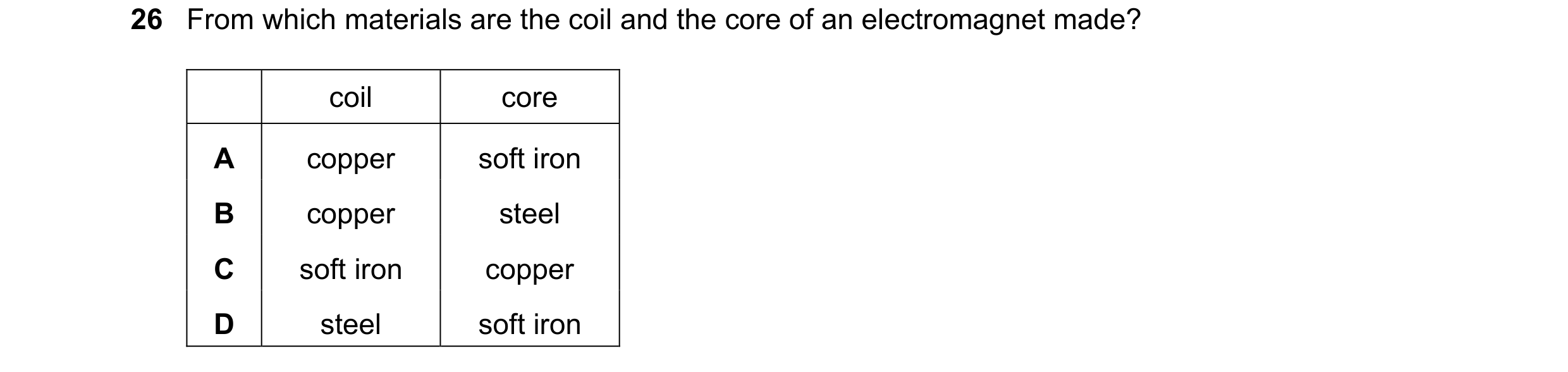 Question 117: From which materials are the coil and the core of an electromagnet made? coil core A copper soft iron B copper steel C soft iron copper D s…