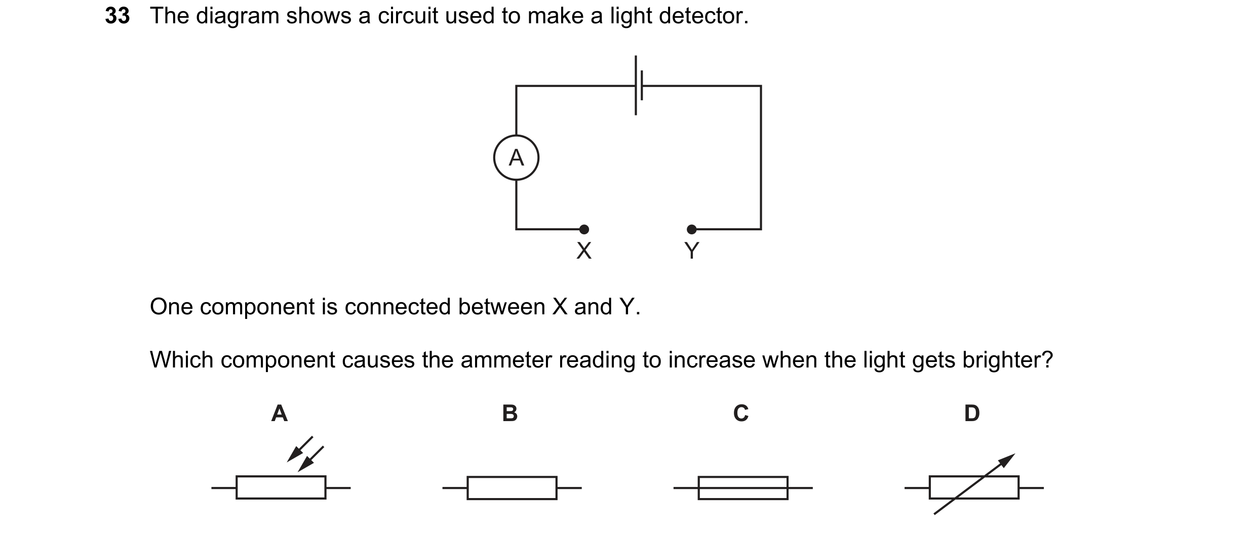 Question 240: The diagram shows a circuit used to make a light detector. A X Y One component is connected between X and Y. Which component causes the amm…