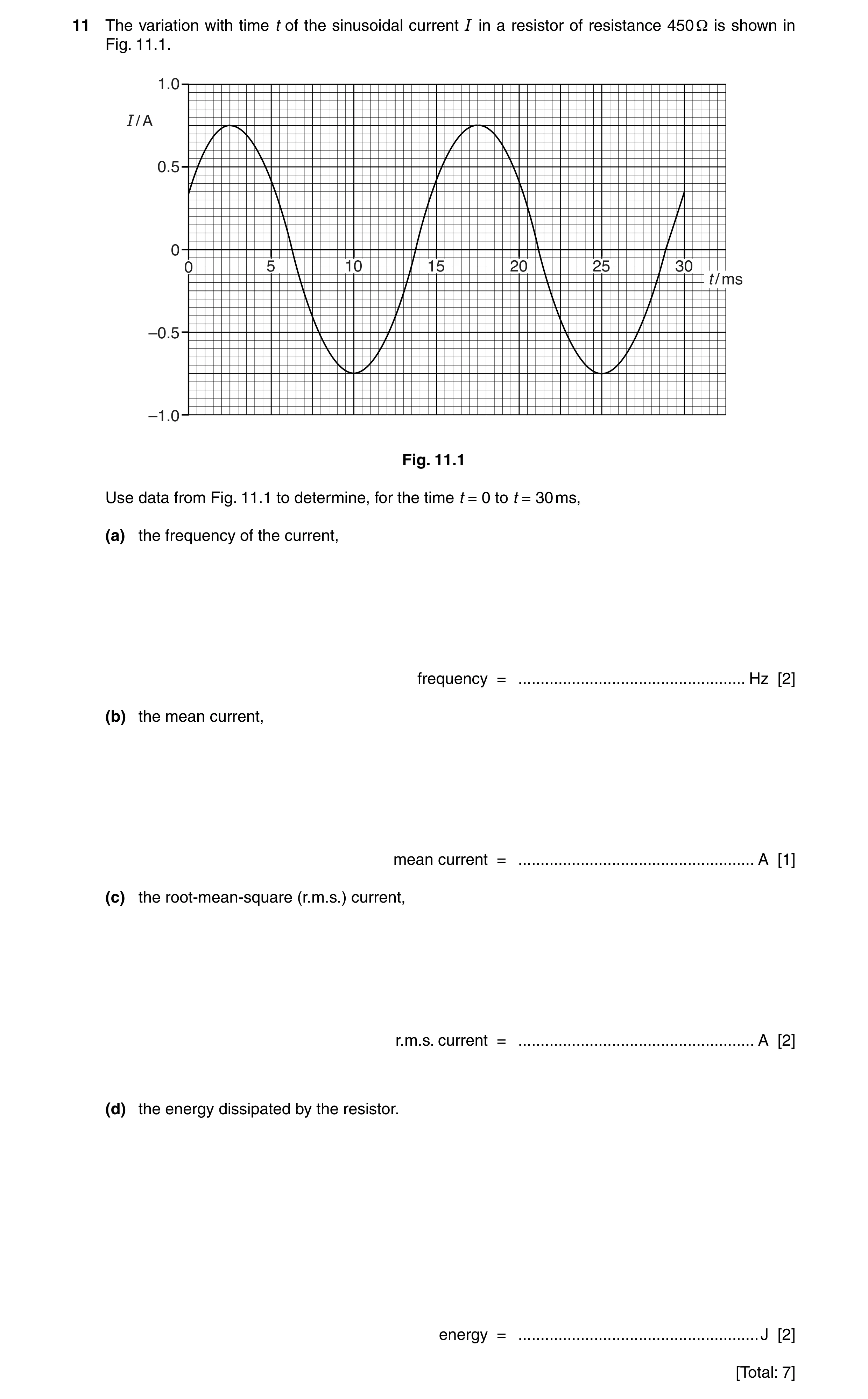 Question 28: The variation with time t of the sinusoidal current I in a resistor of resistance 450 Ω is shown in Fig. 11.1. 1.0 I / A 0.5 0 0 5 10 15 20…