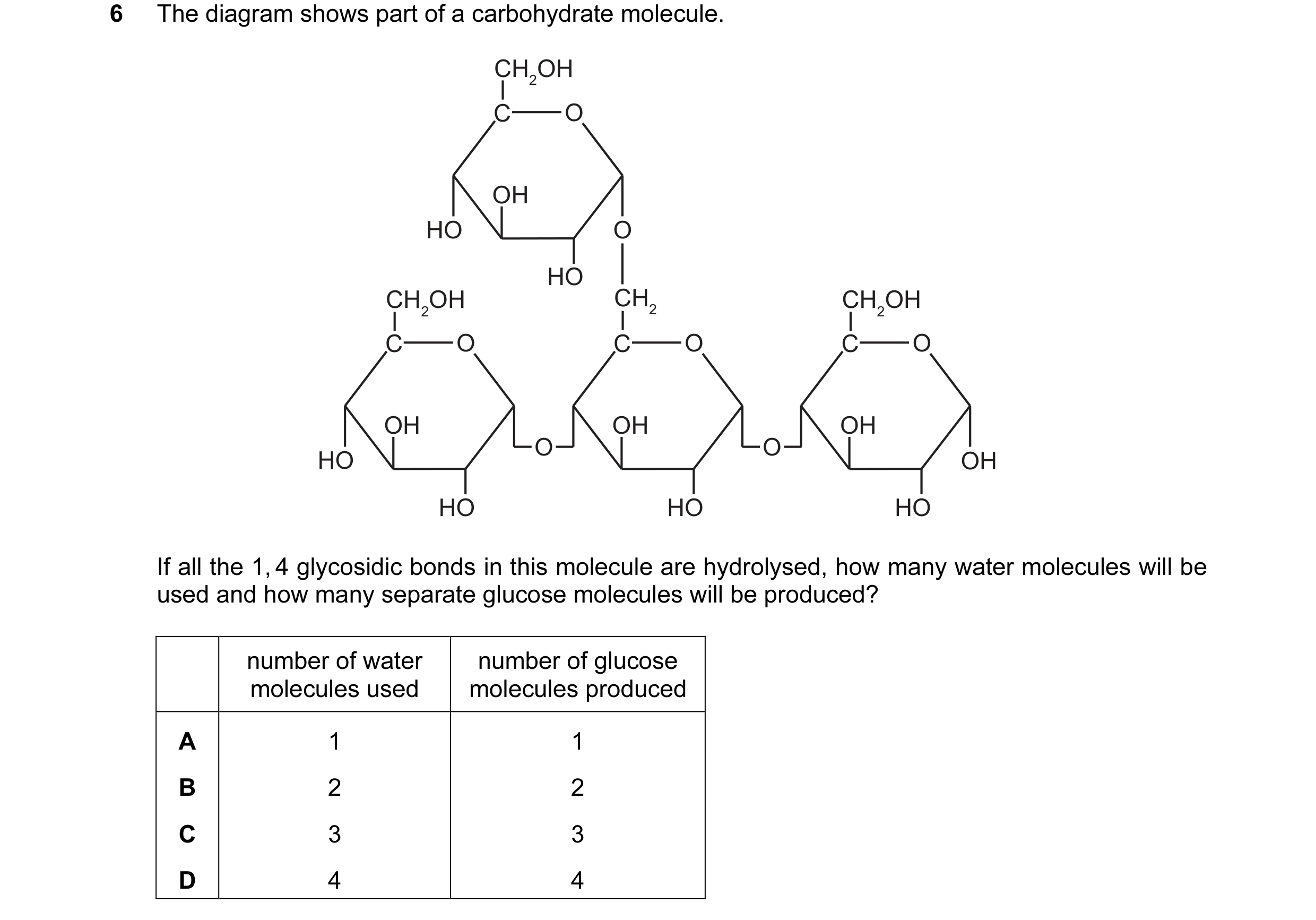 Question 37: The diagram shows part of a carbohydrate molecule. CH2OH C O OH HO O HO CH2OH CH2 CH2OH C O C O C O OH OH OH O O HO OH HO HO HO If all the …