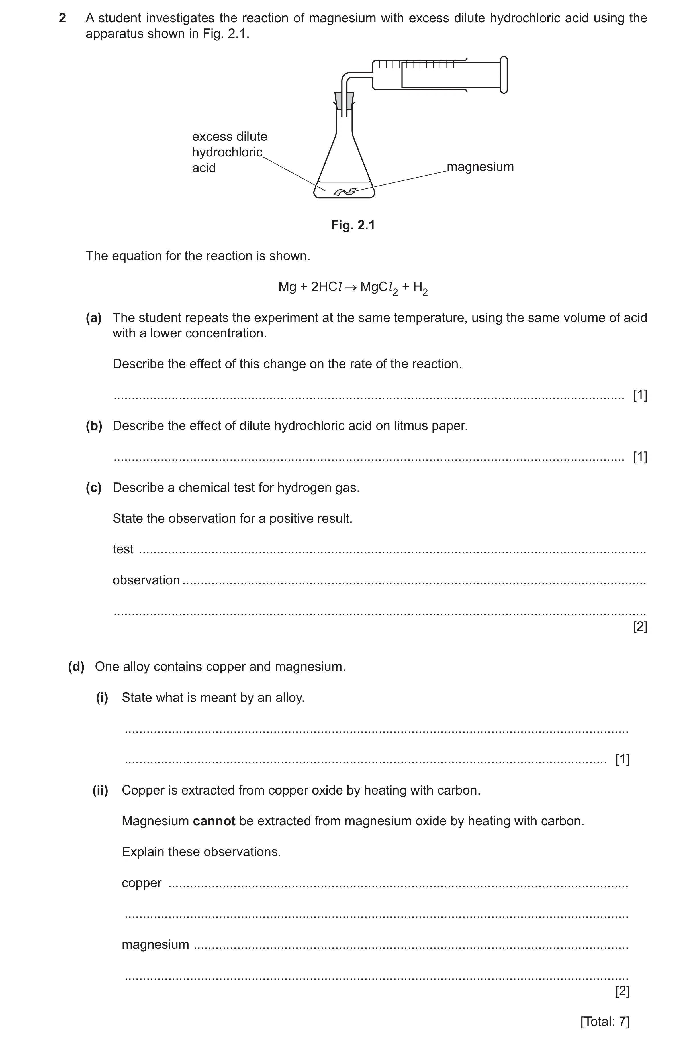 Question 14: A student investigates the reaction of magnesium with excess dilute hydrochloric acid using the apparatus shown in Fig. 2.1. excess dilute …