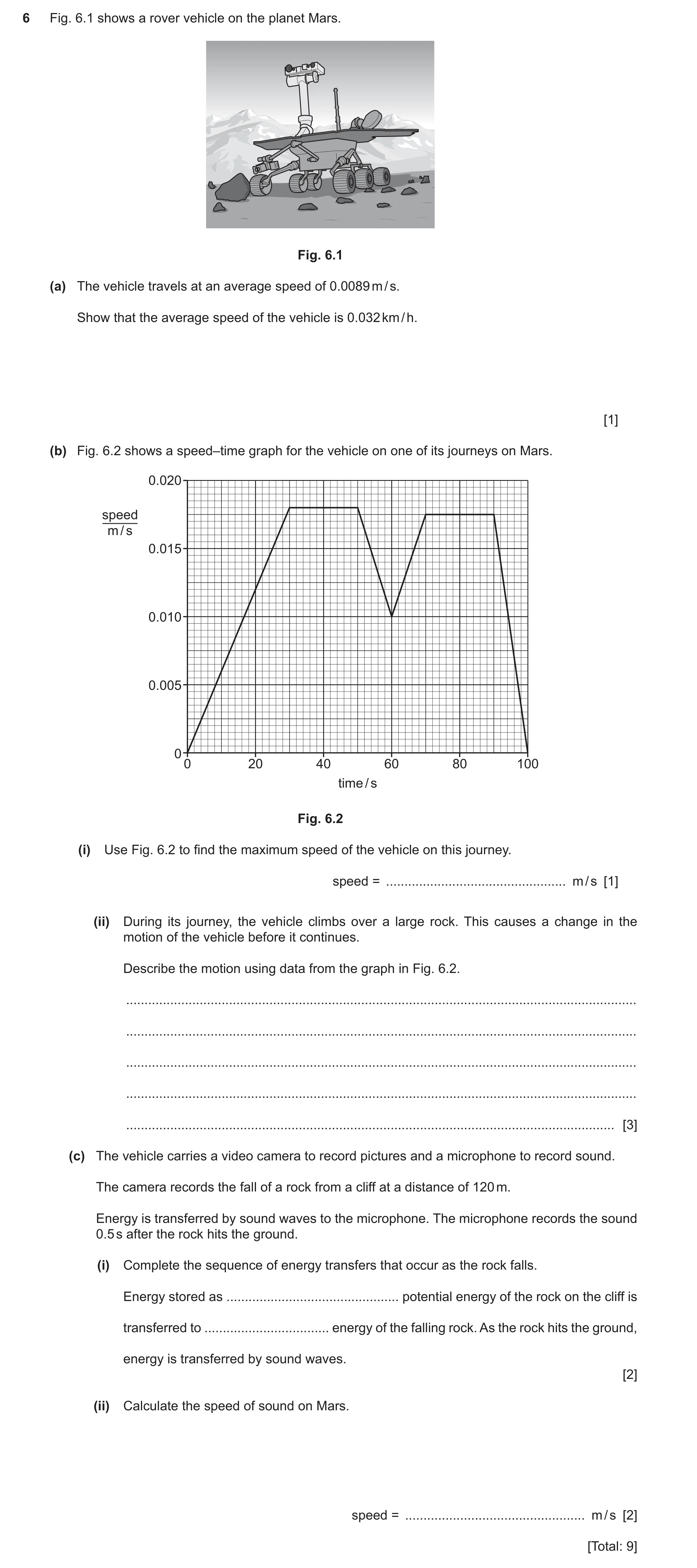Question 44: Fig. 6.1 shows a rover vehicle on the planet Mars. Fig. 6.1 (a) The vehicle travels at an average speed of 0.0089 m / s. Show that the aver…