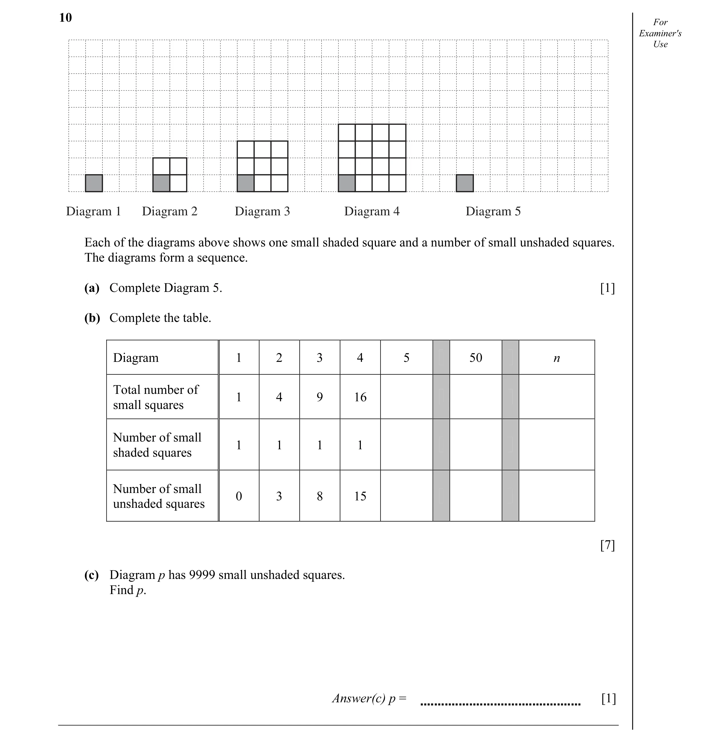Question 2: For Examiner's Use Diagram 1 Diagram 2 Diagram 3 Diagram 4 Diagram 5 Each of the diagrams above shows one small shaded square and a number …