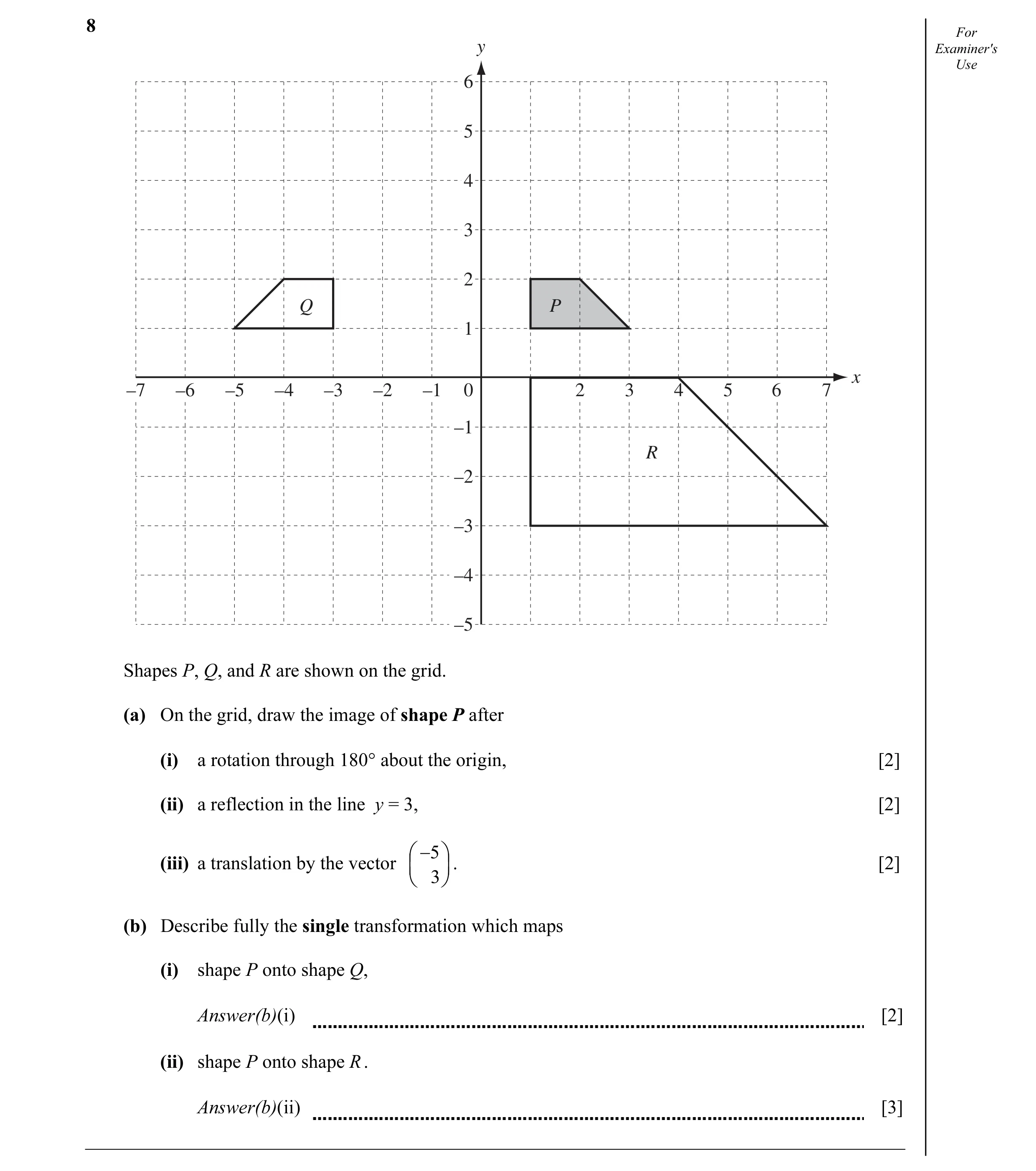 Question 11: For y Examiner's Use 6 5 4 3 2 Q P 1 x –7 –6 –5 –4 –3 –2 –1 0 2 3 4 5 6 7 –1 R –2 –3 –4 –5 Shapes P, Q, and R are shown on the grid. (a) On…