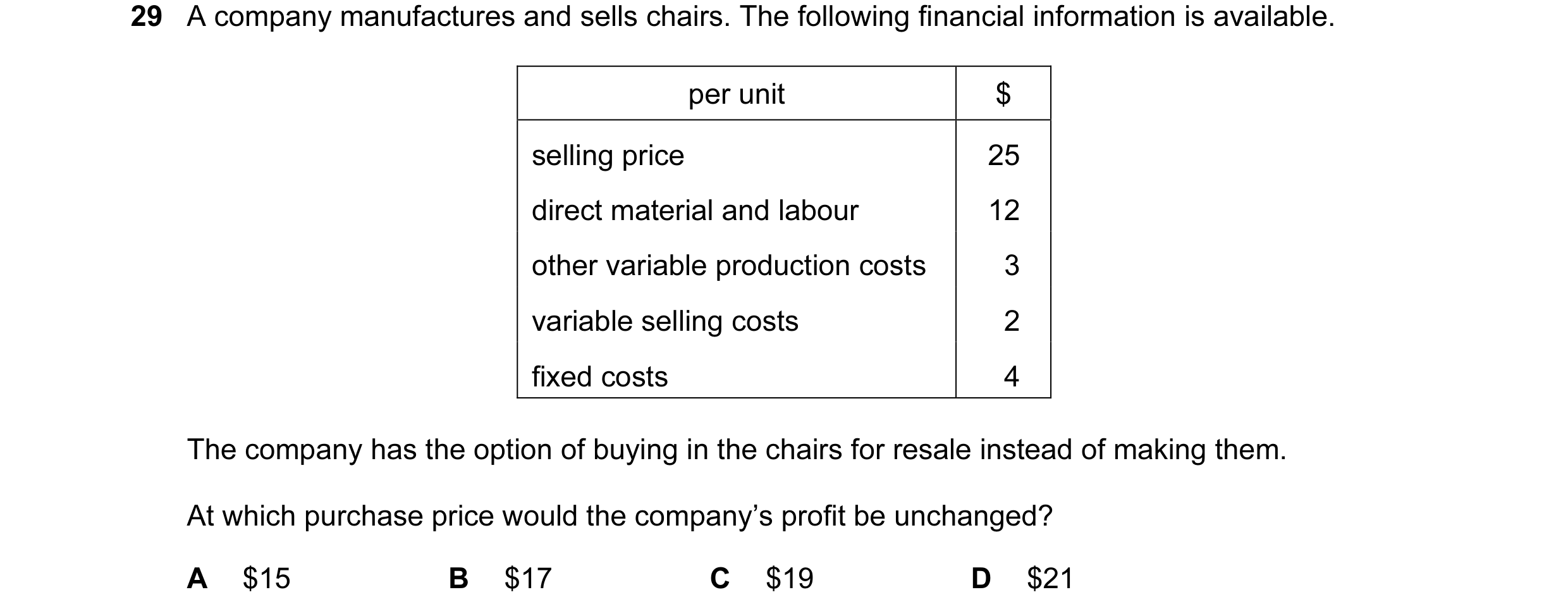 Question 102: A company manufactures and sells chairs. The following financial information is available. per unit $ selling price 25 direct material and …