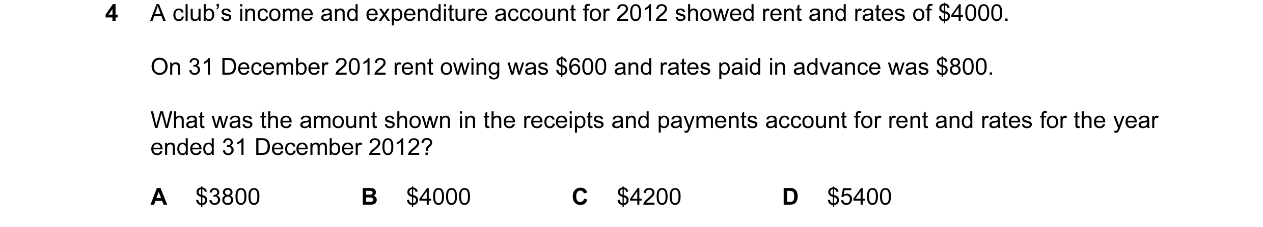 Question 267: A club’s income and expenditure account for 2012 showed rent and rates of $4000. On 31 December 2012 rent owing was $600 and rates paid in …