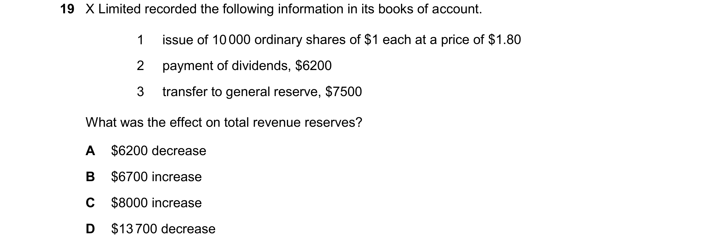 Question 170: X Limited recorded the following information in its books of account. 1 issue of 10 000 ordinary shares of $1 each at a price of $1.80 2 pa…