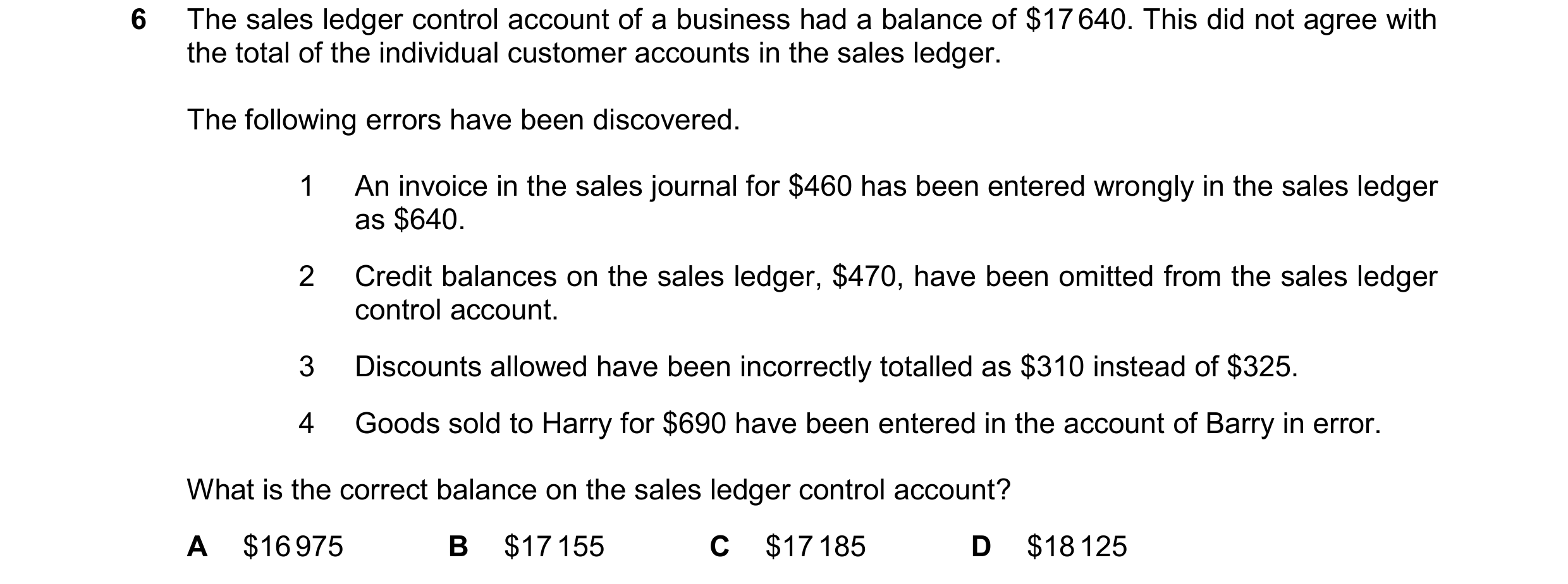 Question 317: The sales ledger control account of a business had a balance of $17 640. This did not agree with the total of the individual customer accou…