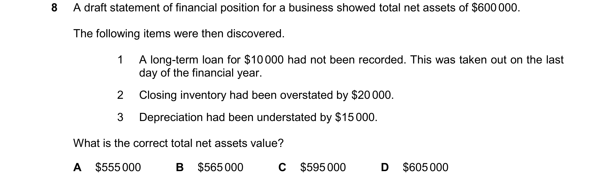 Question 735: A draft statement of financial position for a business showed total net assets of $600 000. The following items were then discovered. 1 A l…