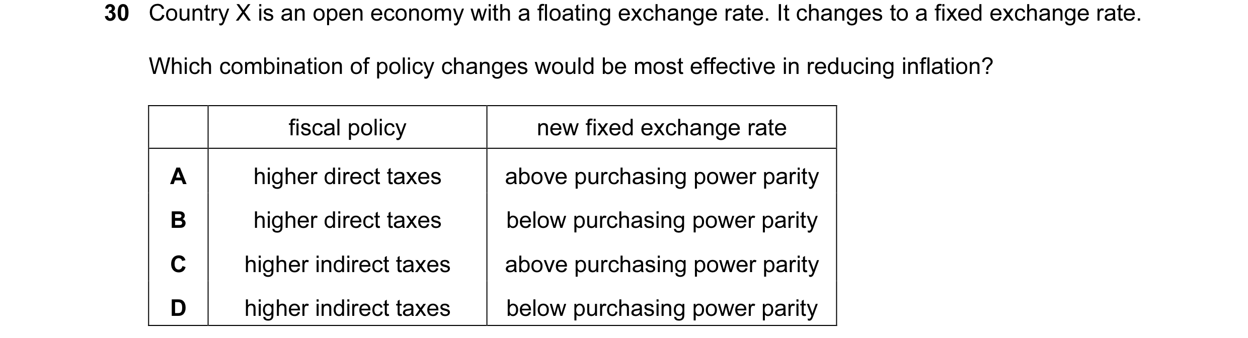 Question 14: Country X is an open economy with a floating exchange rate. It changes to a fixed exchange rate. Which combination of policy changes would …