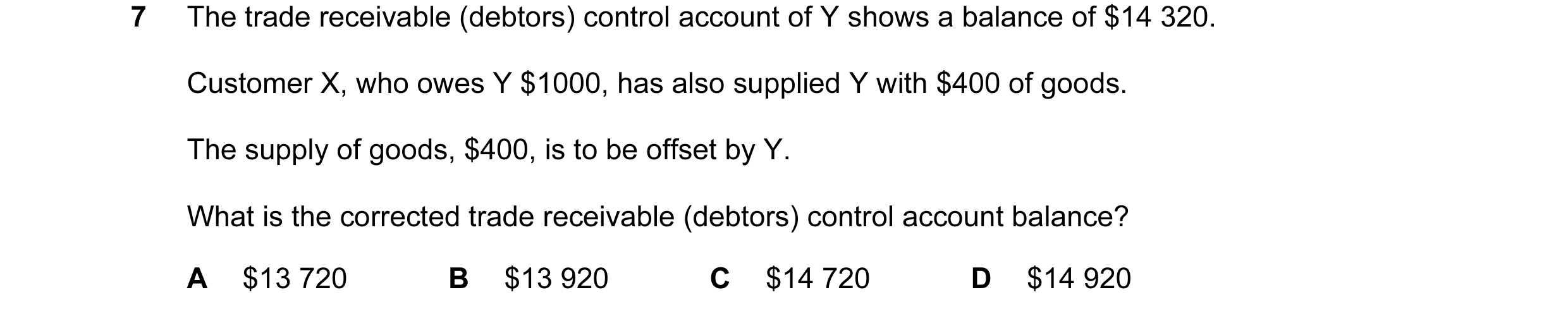 Question 50: The trade receivable (debtors) control account of Y shows a balance of $14 320. Customer X, who owes Y $1000, has also supplied Y with $400…