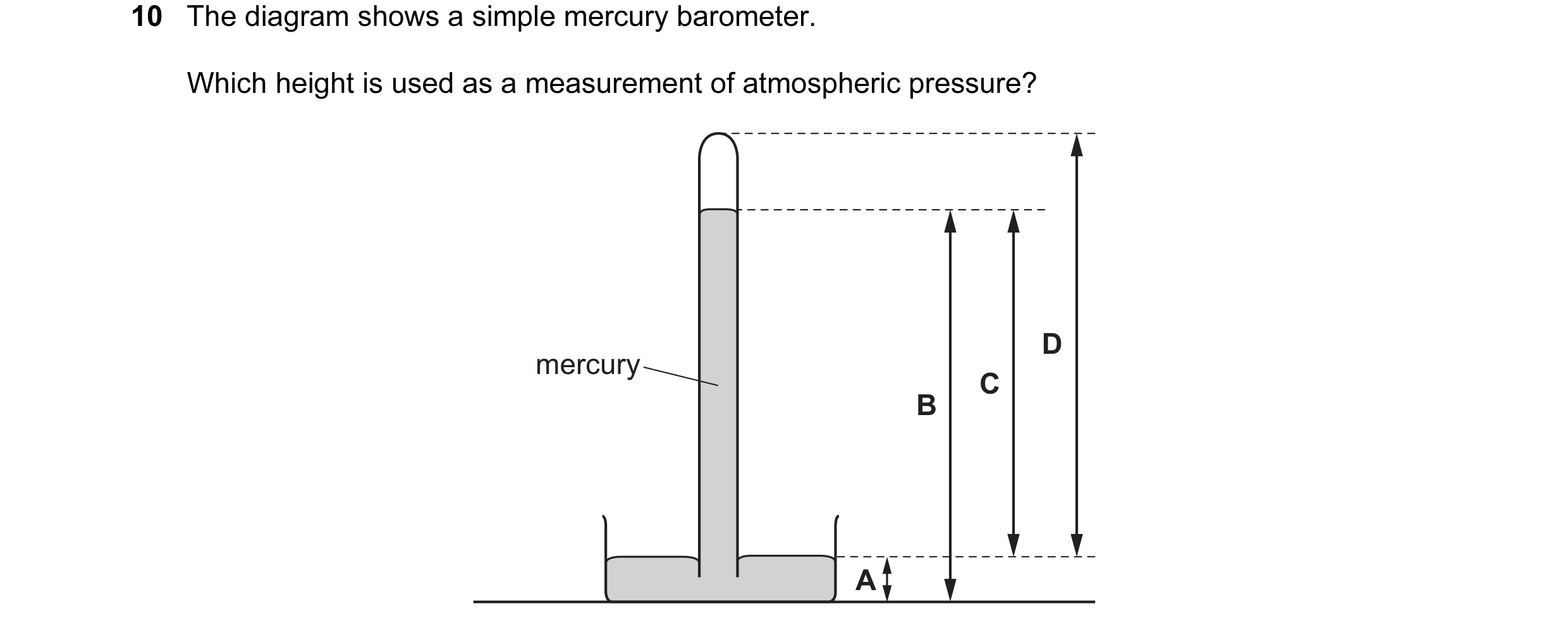 Question 85: The diagram shows a simple mercury barometer. Which height is used as a measurement of atmospheric pressure? D mercury C B A