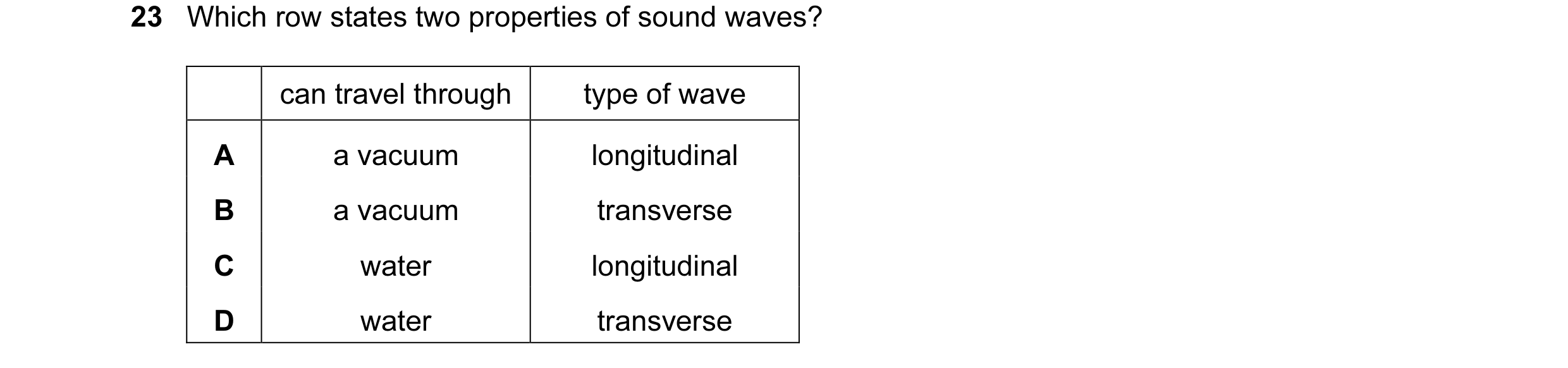 Question 84: Which row states two properties of sound waves? can travel through type of wave A a vacuum longitudinal B a vacuum transverse C water longi…