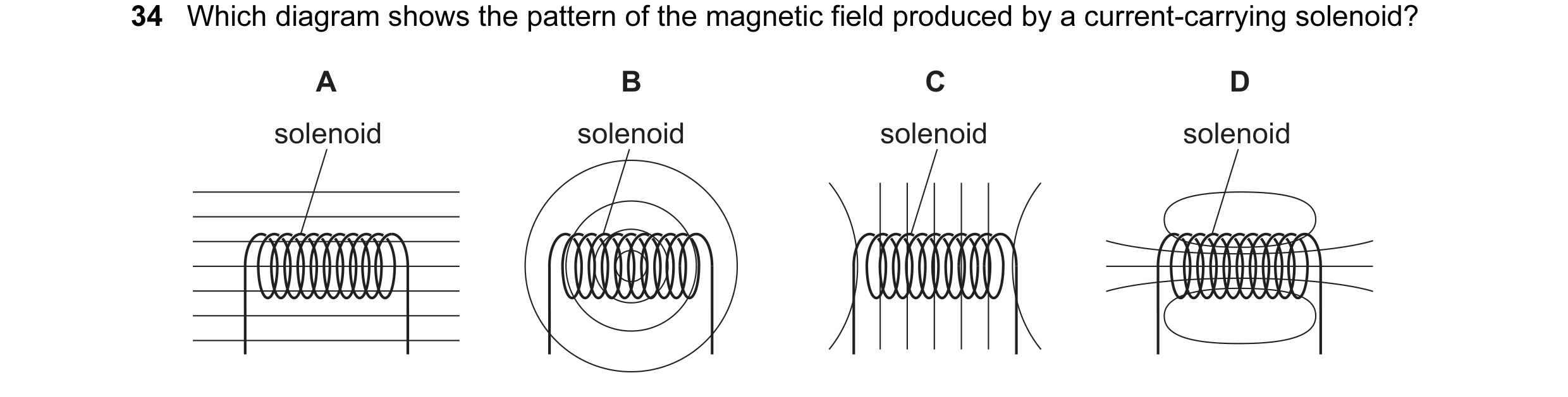 Question 111: Which diagram shows the pattern of the magnetic field produced by a current-carrying solenoid? A B C D solenoid solenoid solenoid solenoid