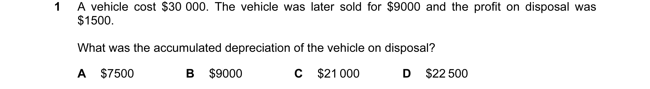 Question 17: A vehicle cost $30 000. The vehicle was later sold for $9000 and the profit on disposal was $1500. What was the accumulated depreciation of…