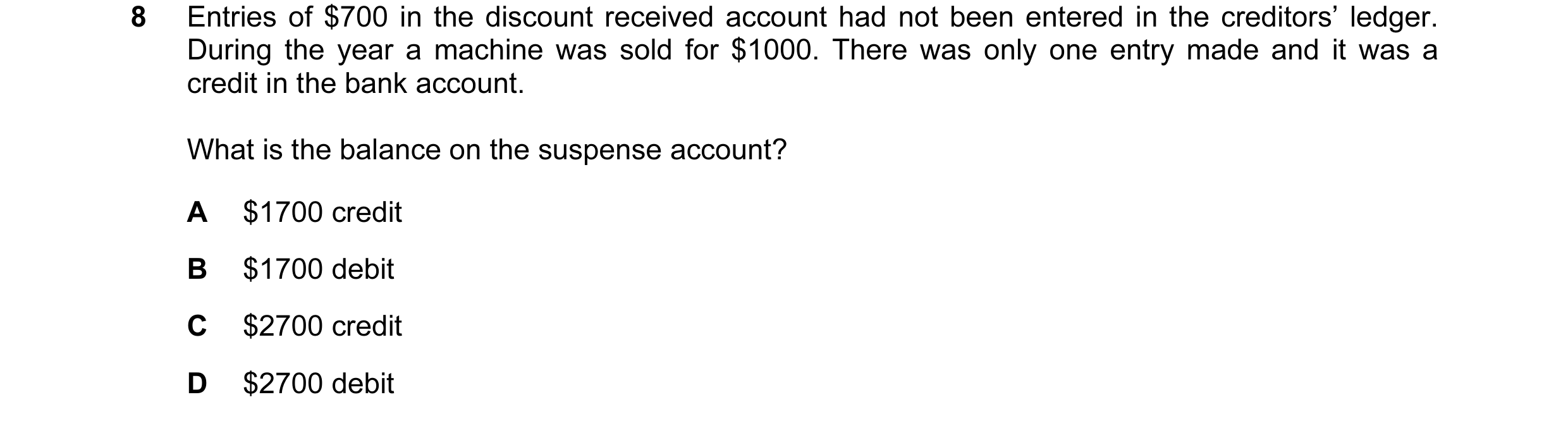 Question 24: Entries of $700 in the discount received account had not been entered in the creditors’ ledger. During the year a machine was sold for $100…