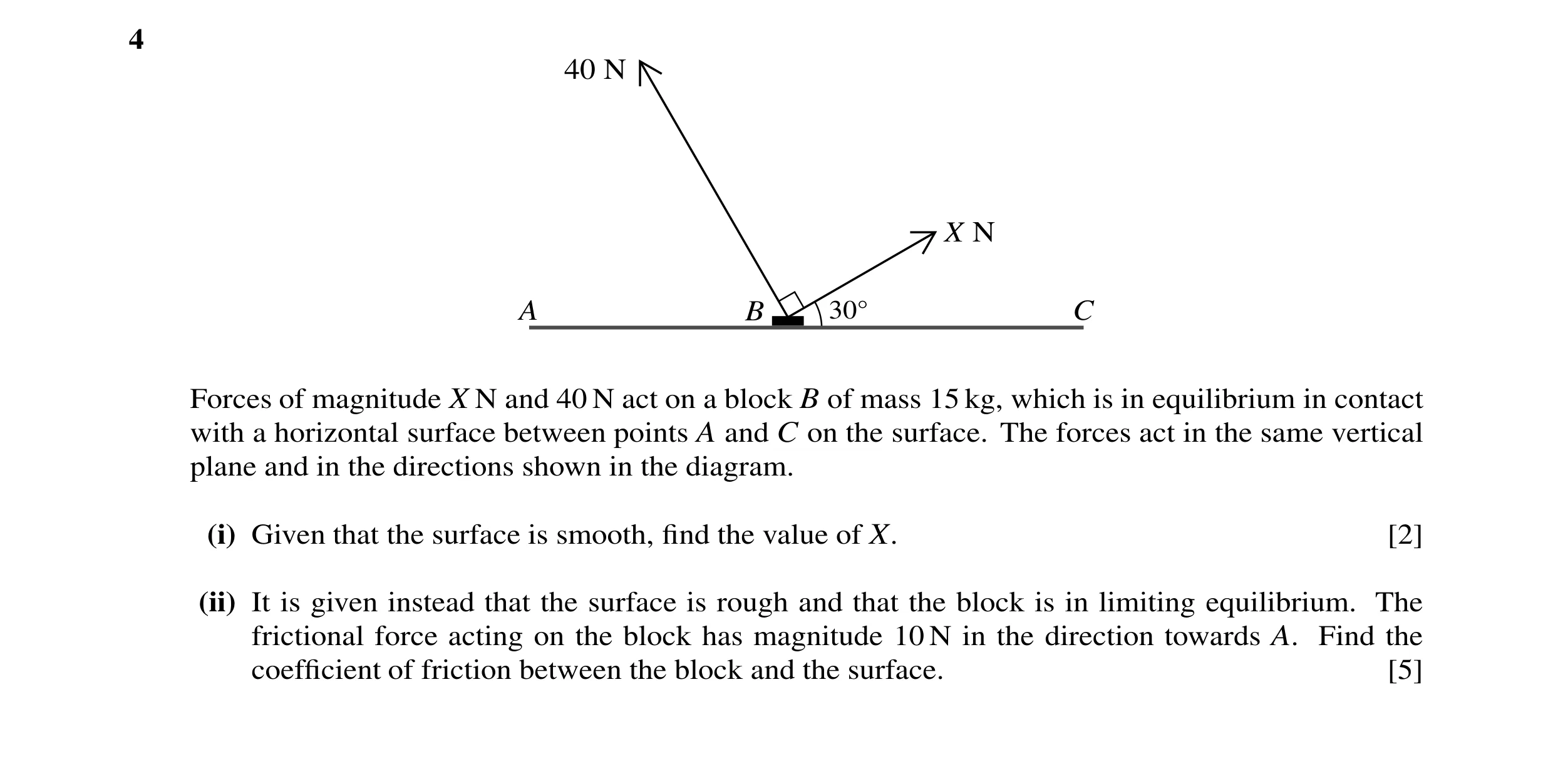 Question 70: 40 N X N A B 30Å C Forces of magnitude X N and 40 N act on a block B of mass 15 kg, which is in equilibrium in contact with a horizontal su…