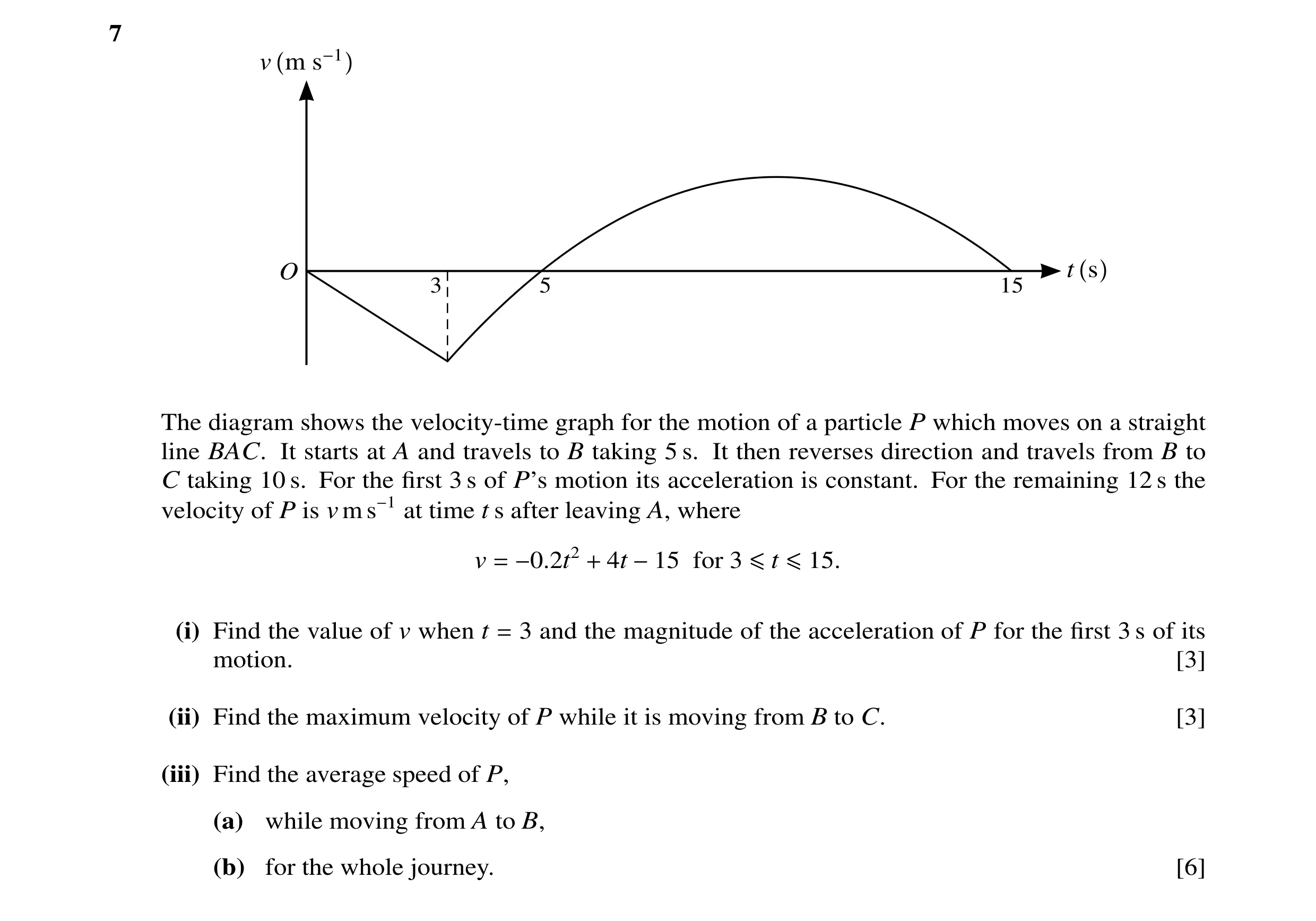 Question 120: v m s−1 O t s 3 5 15 The diagram shows the velocity-time graph for the motion of a particle P which moves on a straight line BAC. It starts…