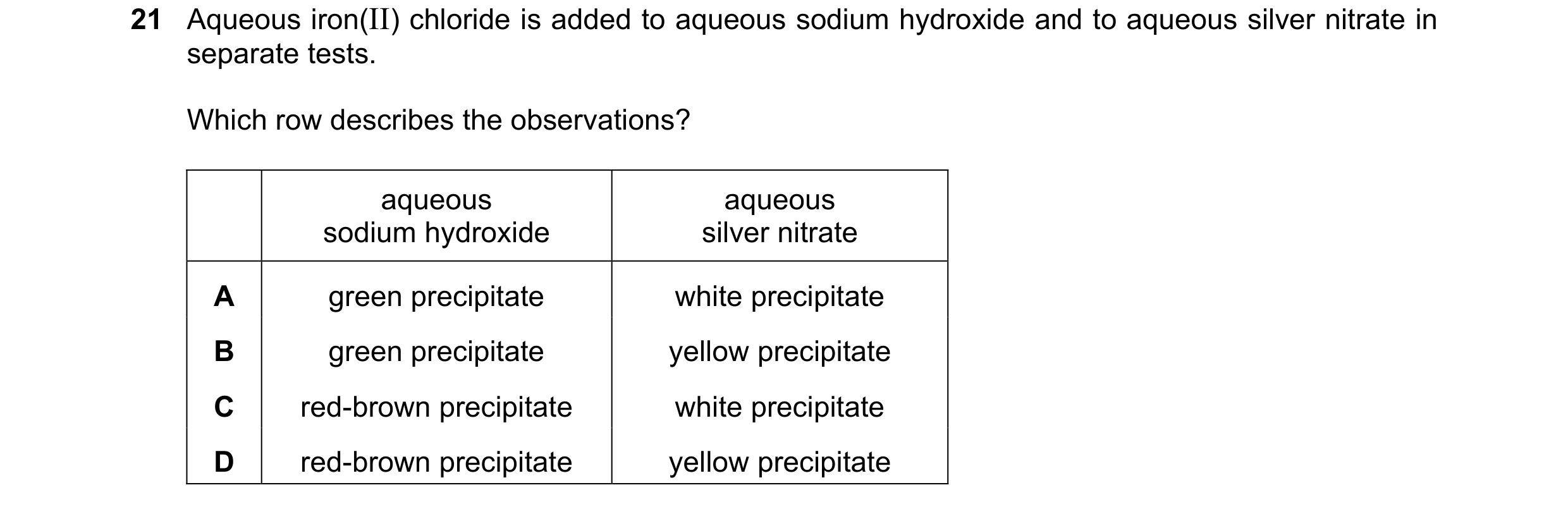 Question 76: Aqueous iron(II) chloride is added to aqueous sodium hydroxide and to aqueous silver nitrate in separate tests. Which row describes the obs…