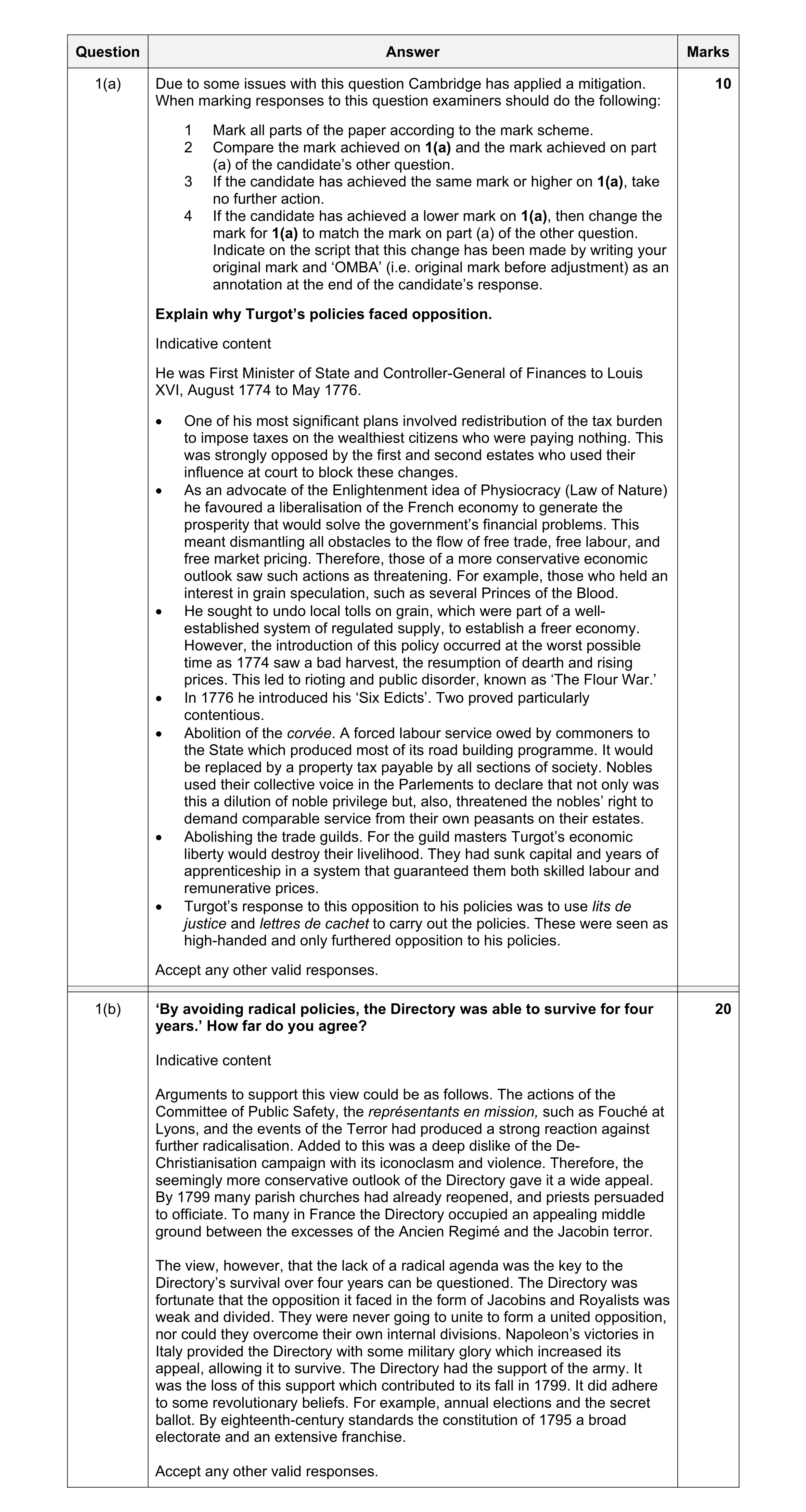 Mark scheme for question 10
