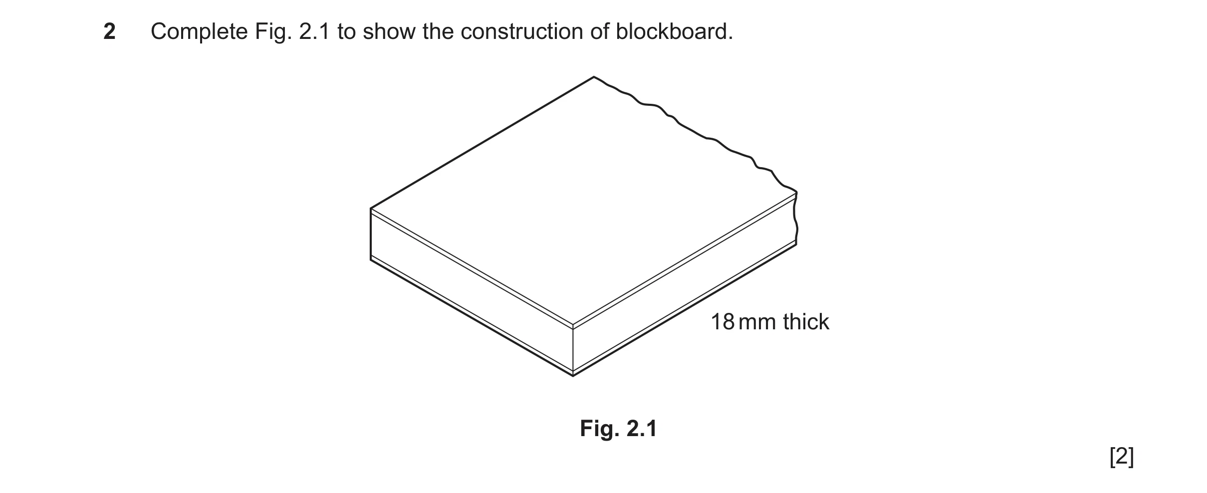 Question 488: Complete Fig. 2.1 to show the construction of blockboard. 18 mm thick Fig. 2.1 [2]