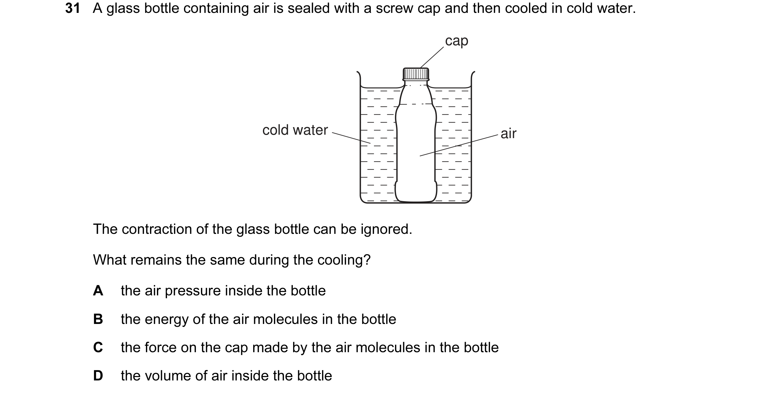 Question 11: A glass bottle containing air is sealed with a screw cap and then cooled in cold water. cap cold water air The contraction of the glass bot…