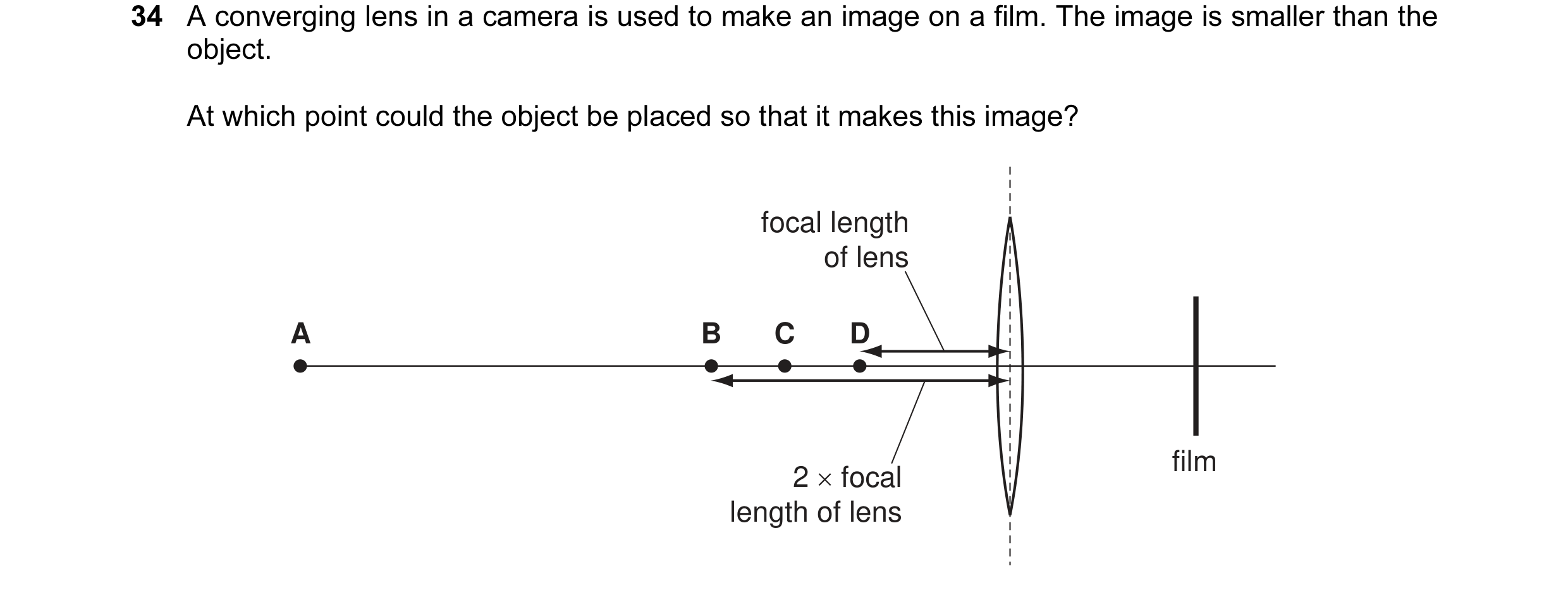 Question 20: A converging lens in a camera is used to make an image on a film. The image is smaller than the object. At which point could the object be …