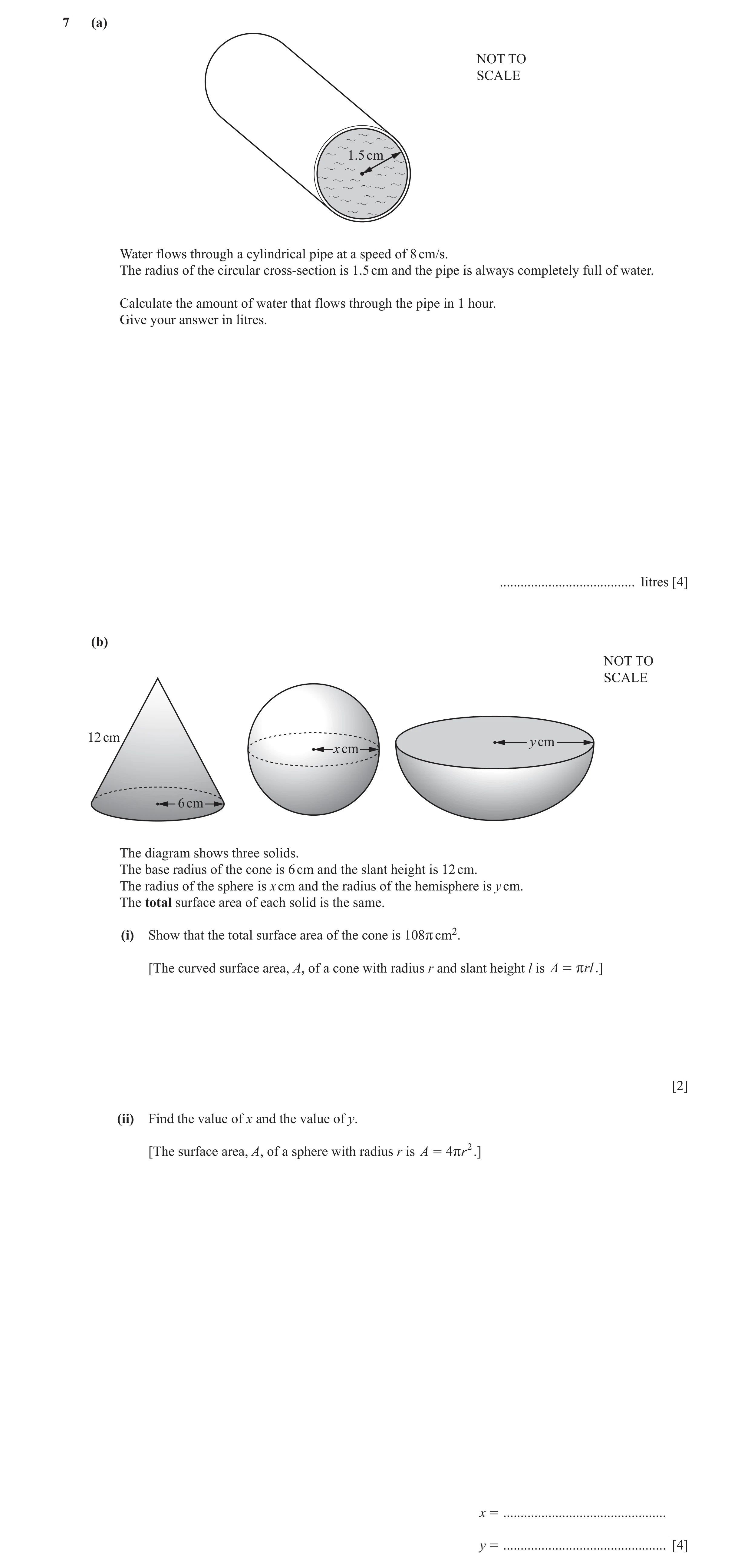 Question 42: (a) NOT TO SCALE 1.5 cm Water flows through a cylindrical pipe at a speed of 8 cm/s. The radius of the circular cross-section is 1.5 cm and…