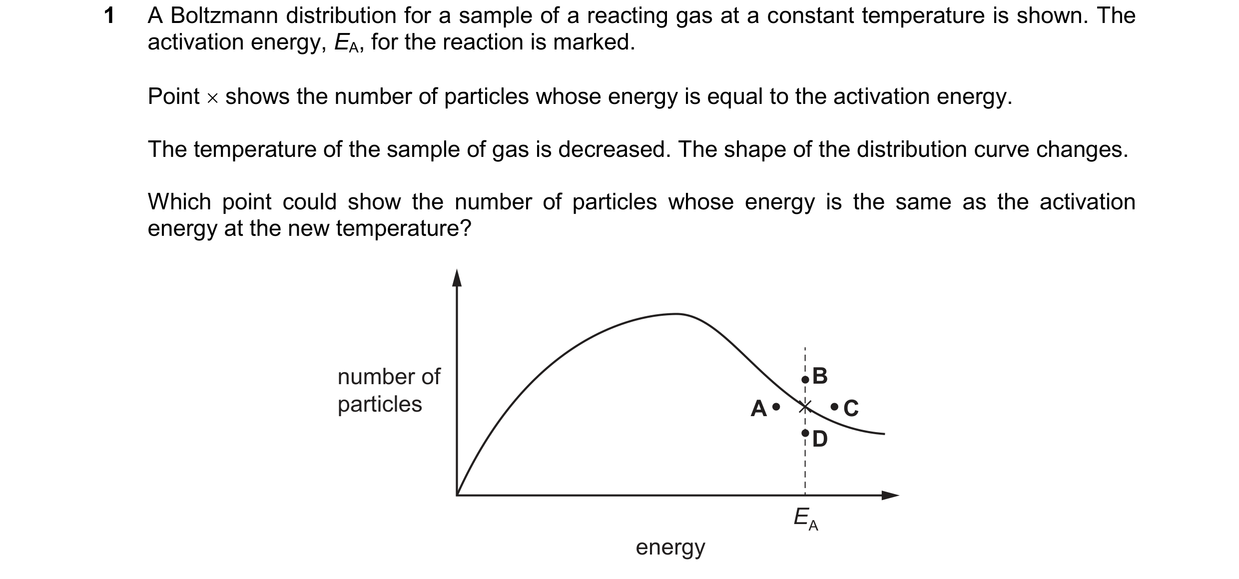Question 145: A Boltzmann distribution for a sample of a reacting gas at a constant temperature is shown. The activation energy, EA, for the reaction is …