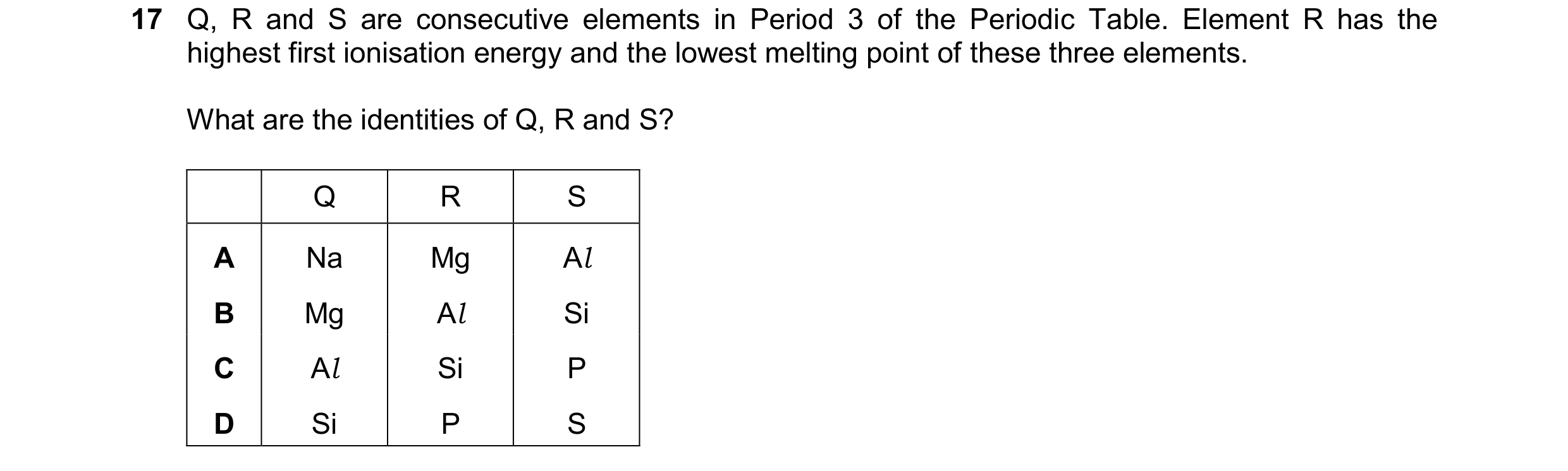 Question 105: Q, R and S are consecutive elements in Period 3 of the Periodic Table. Element R has the highest first ionisation energy and the lowest mel…