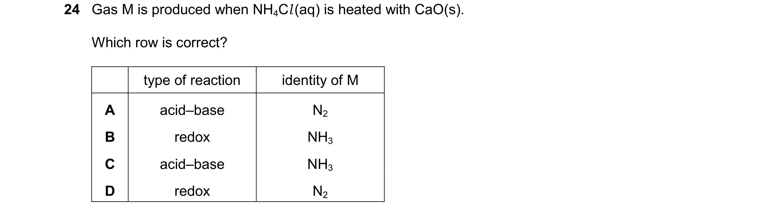 Question 36: Gas M is produced when NH4Cl (aq) is heated with CaO(s). Which row is correct? type of reaction identity of M A acid–base N2 B redox NH3 C …