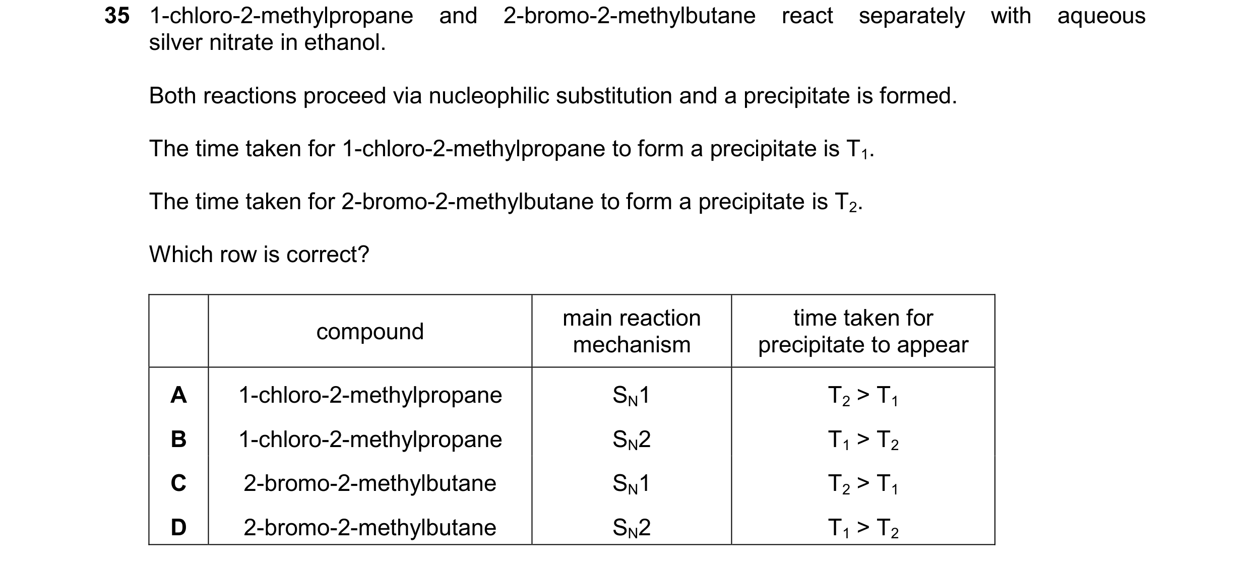 Question 34: 1-chloro-2-methylpropane and 2-bromo-2-methylbutane react separately with aqueous silver nitrate in ethanol. Both reactions proceed via nuc…
