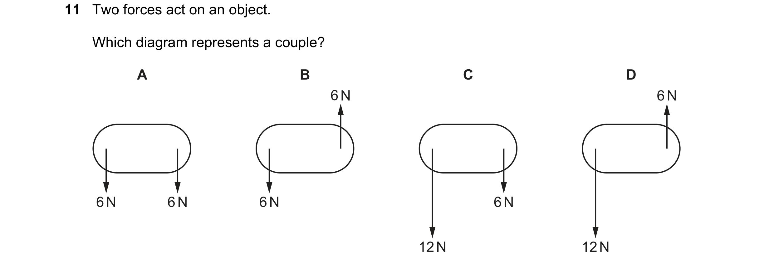 Question 132: Two forces act on an object. Which diagram represents a couple? A B C D 6 N 6 N 6 N 6 N 6 N 6 N 12 N 12 N