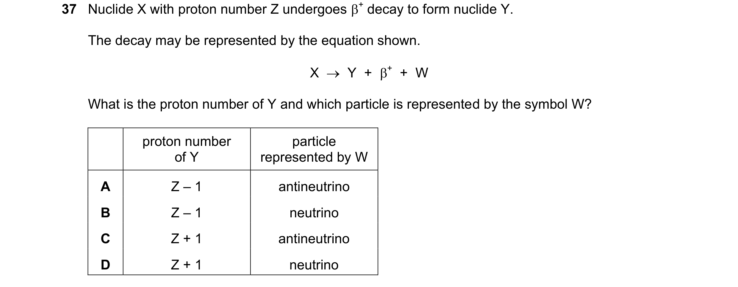 Question 65: Nuclide X with proton number Z undergoes + decay to form nuclide Y. The decay may be represented by the equation shown. X Y + + + …
