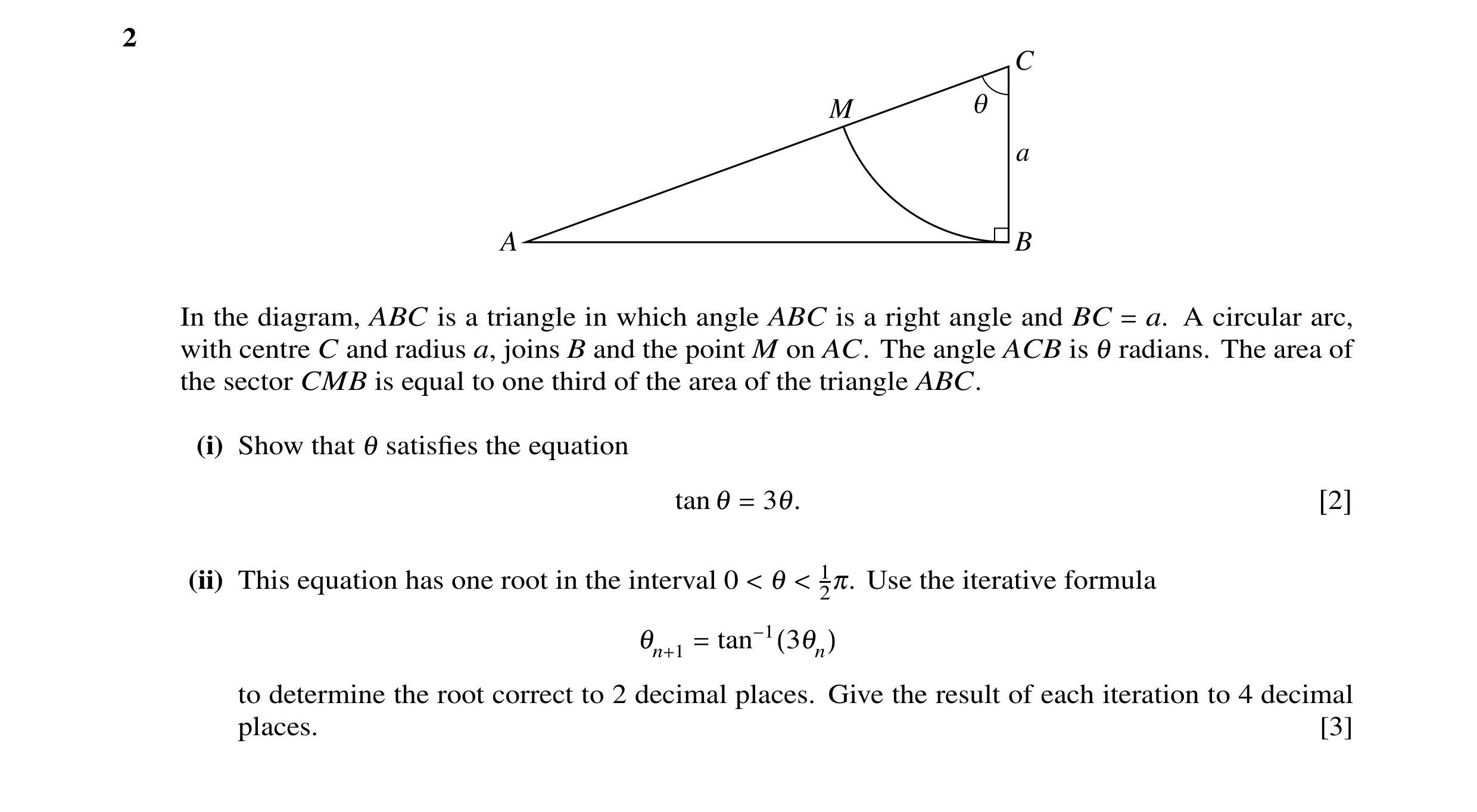Question 30: C q M a A B In the diagram, ABC is a triangle in which angle ABC is a right angle and BC a. A circular arc, with centre C and radius a, joi…