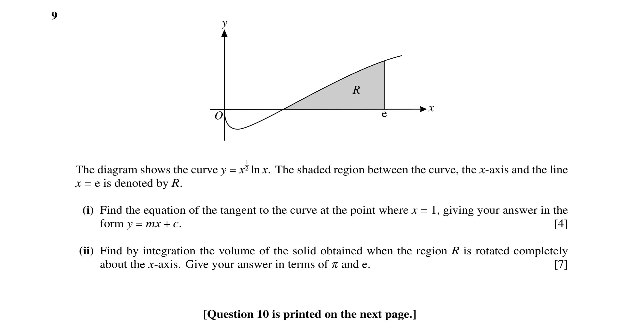 Question 24: y R e x O 1 The diagram shows the curve y x 2 ln x. The shaded region between the curve, the x-axis and the line x e is denoted by R. = = (…