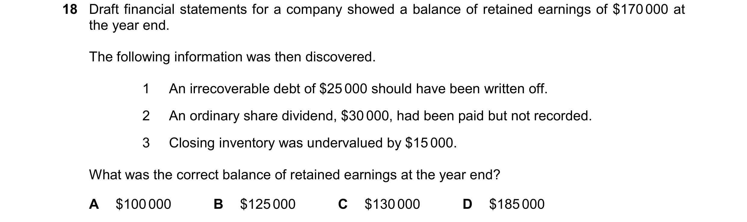 Question 175: Draft financial statements for a company showed a balance of retained earnings of $170 000 at the year end. The following information was t…