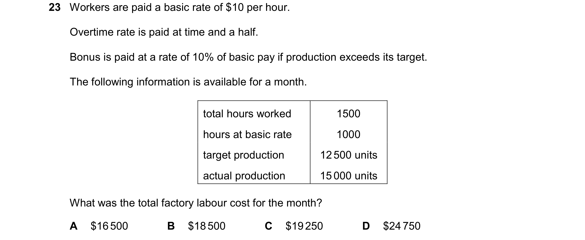 Question 356: Workers are paid a basic rate of $10 per hour. Overtime rate is paid at time and a half. Bonus is paid at a rate of 10% of basic pay if pro…