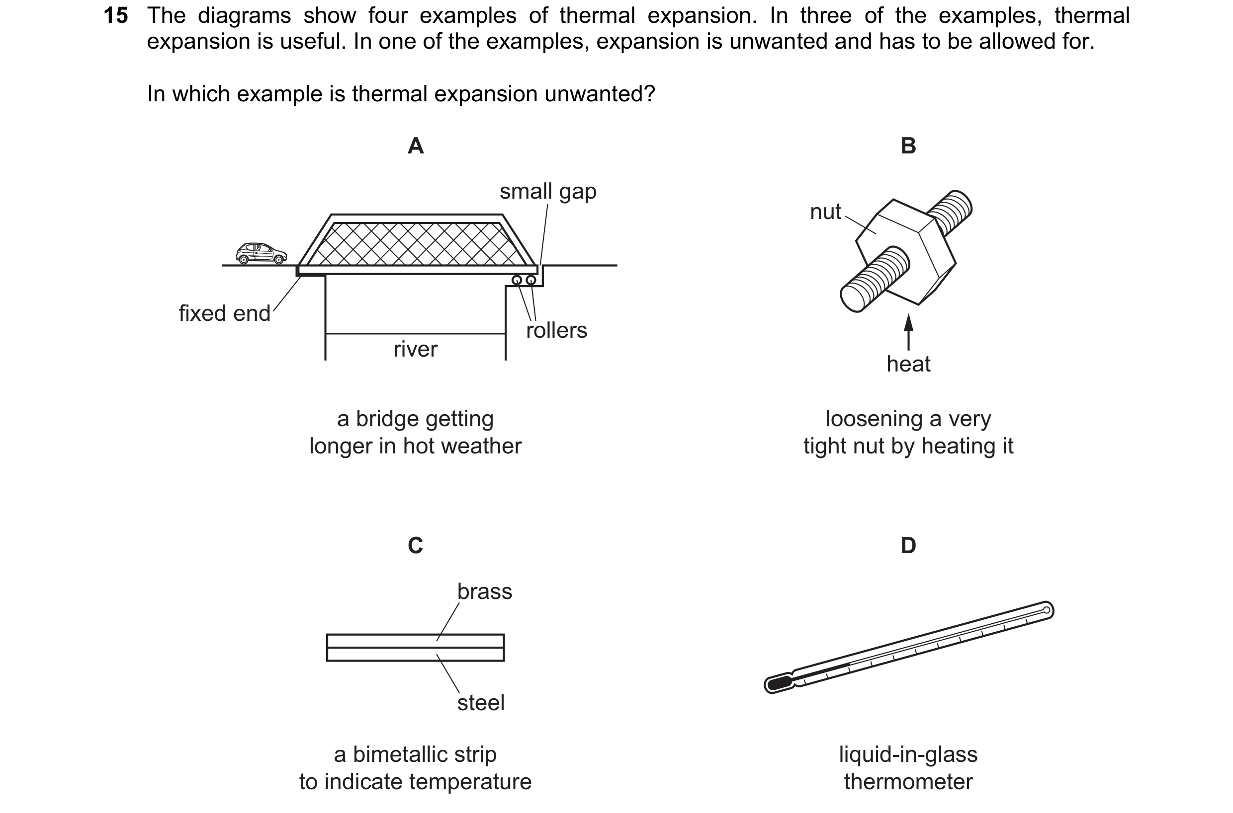Question 220: The diagrams show four examples of thermal expansion. In three of the examples, thermal expansion is useful. In one of the examples, expans…
