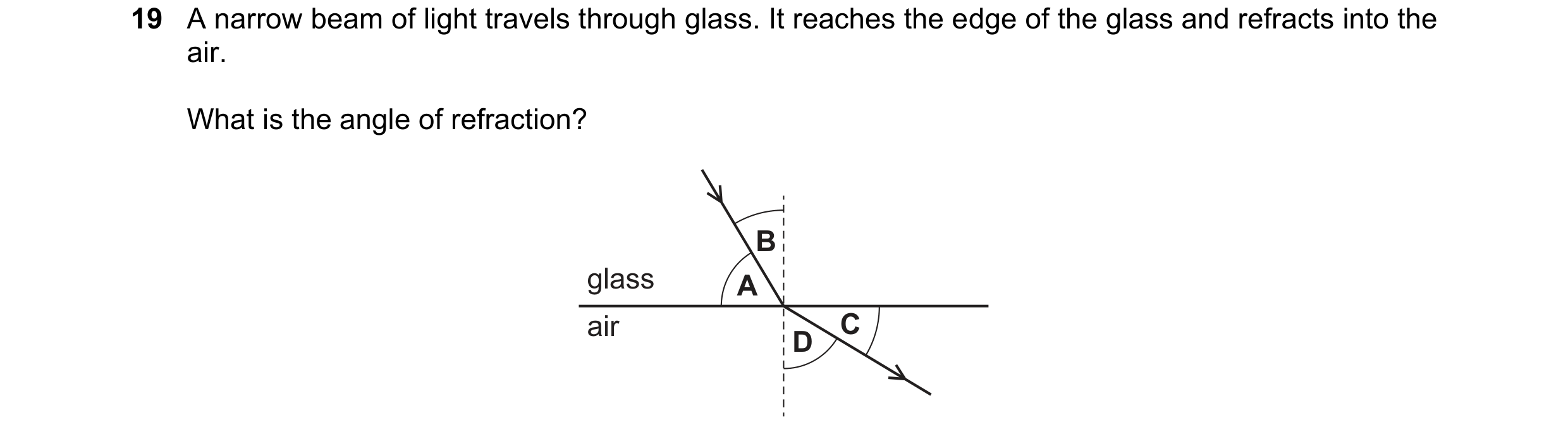 Question 182: A narrow beam of light travels through glass. It reaches the edge of the glass and refracts into the air. What is the angle of refraction? …