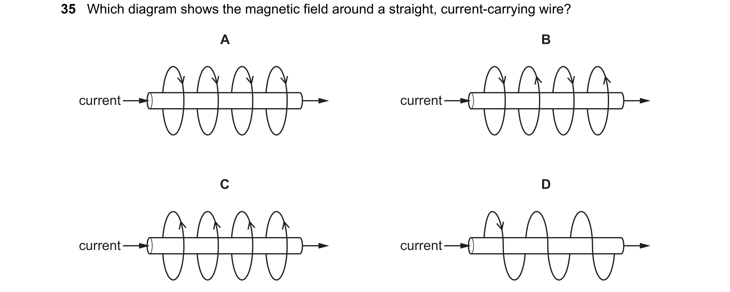 Question 176: Which diagram shows the magnetic field around a straight, current-carrying wire? A B current current C D current current