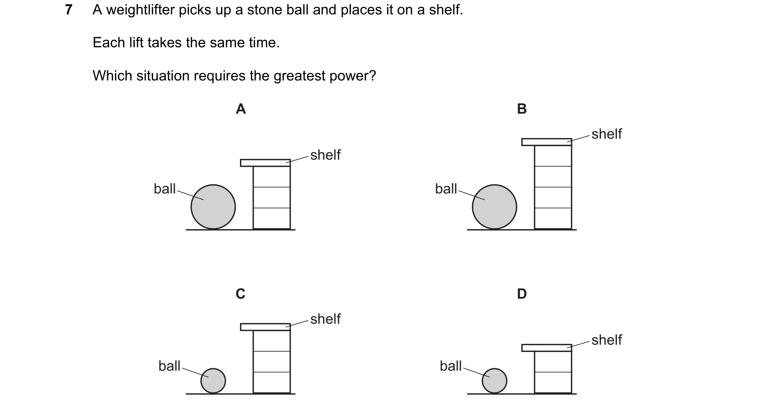 Question 205: A weightlifter picks up a stone ball and places it on a shelf. Each lift takes the same time. Which situation requires the greatest power? …