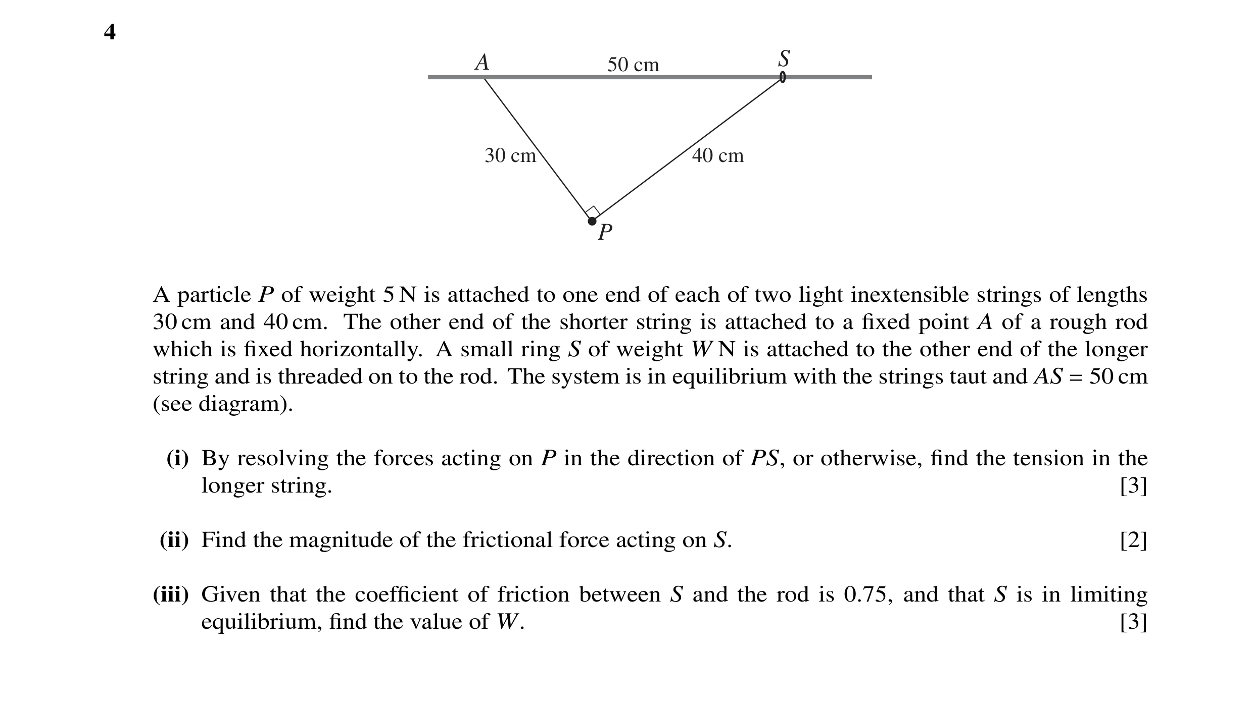 Question 15: A 50 cm S 30 cm 40 cm P A particle P of weight 5 N is attached to one end of each of two light inextensible strings of lengths 30 cm and 40…