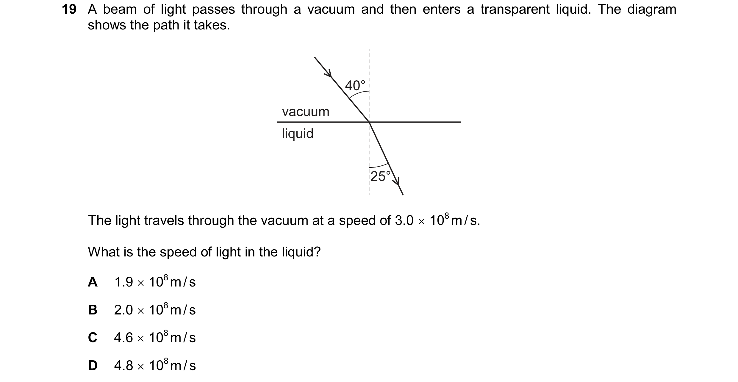 Question 63: A beam of light passes through a vacuum and then enters a transparent liquid. The diagram shows the path it takes. 40° vacuum liquid 25° Th…