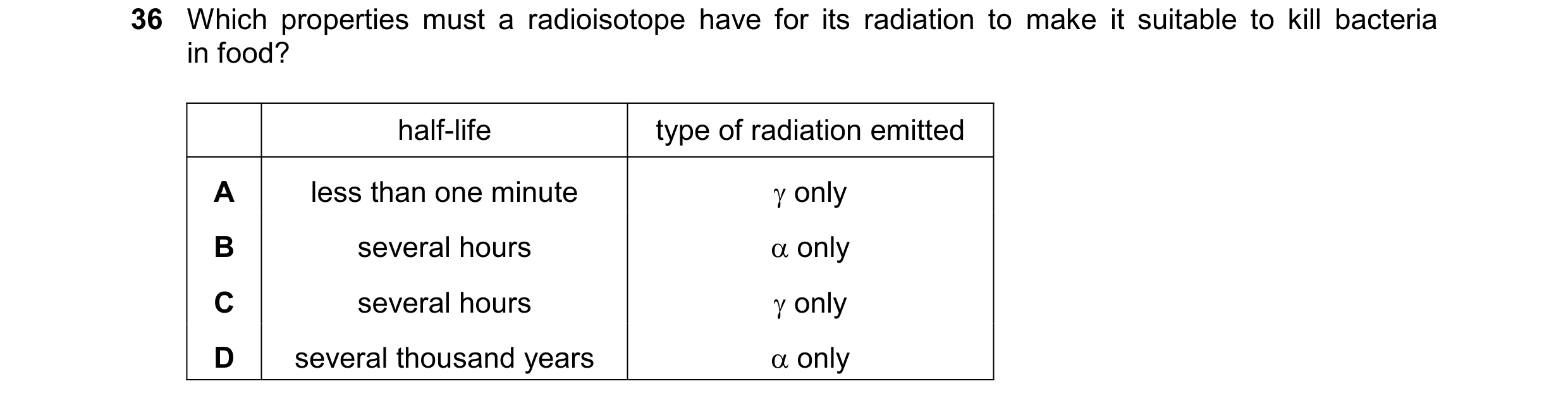 Question 61: Which properties must a radioisotope have for its radiation to make it suitable to kill bacteria in food? half-life type of radiation emitt…